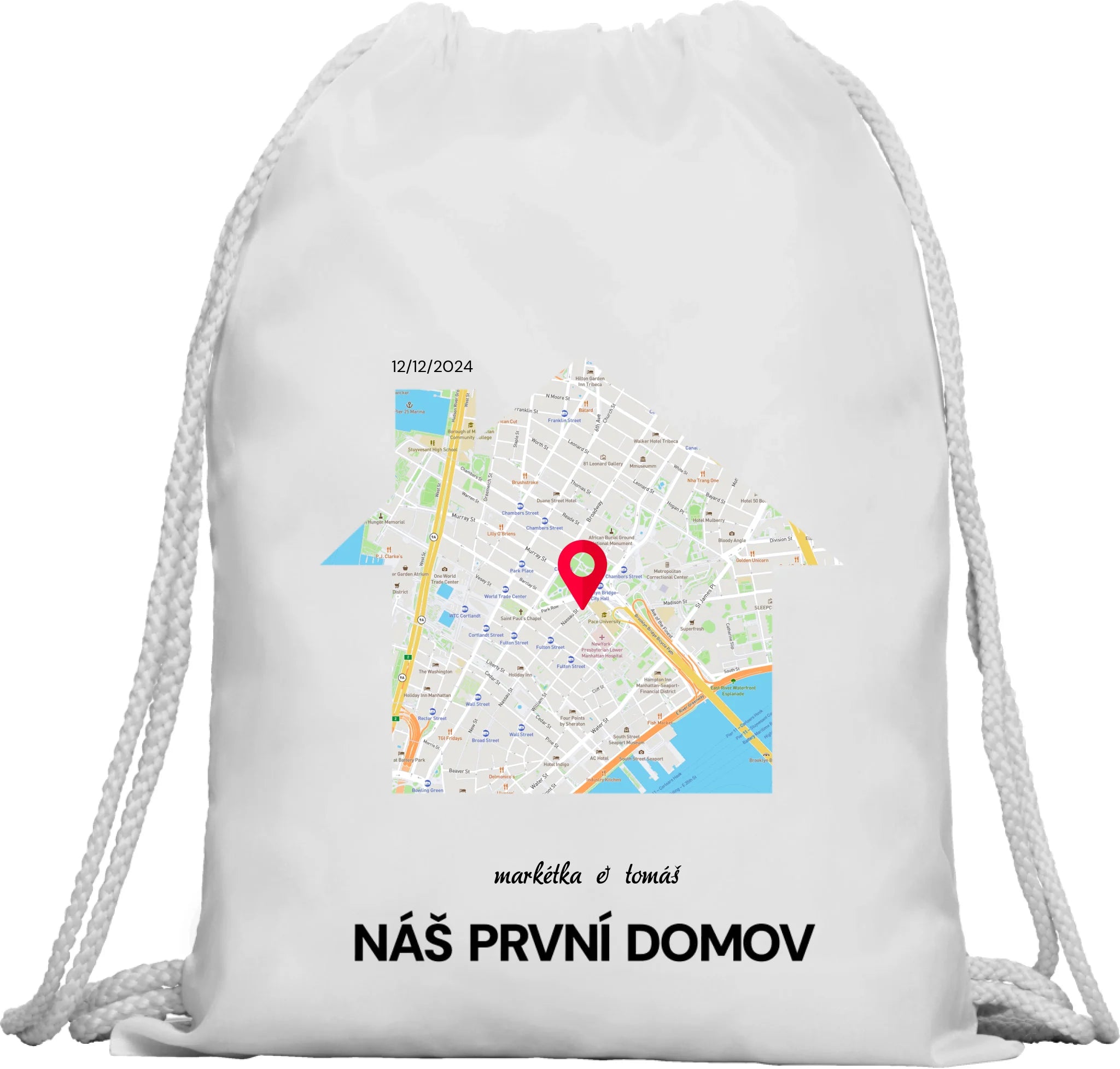 BATOH nebo TAŠKA s motivem RODINA TADY TO ZAČALO (vyberete tvar mapy, místo, doplníte texty) Multifunkční batoh KAGU bílá 35x45 cm