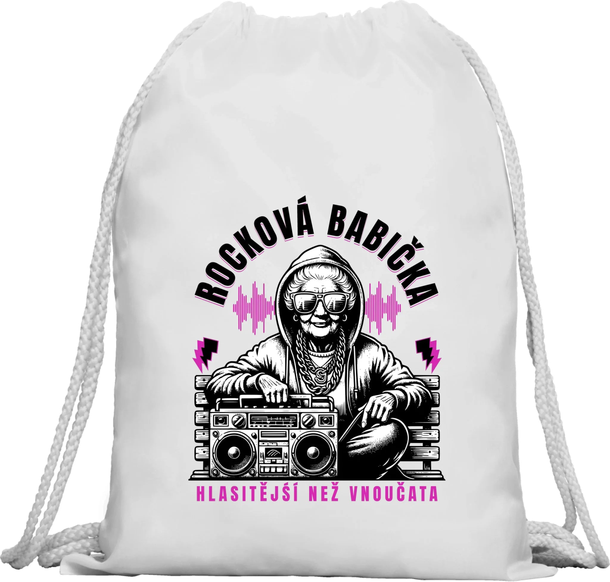 BATOH nebo TAŠKA s motivem ROCKOVÁ BABIČKA Multifunkční batoh KAGU bílá 35x45 cm