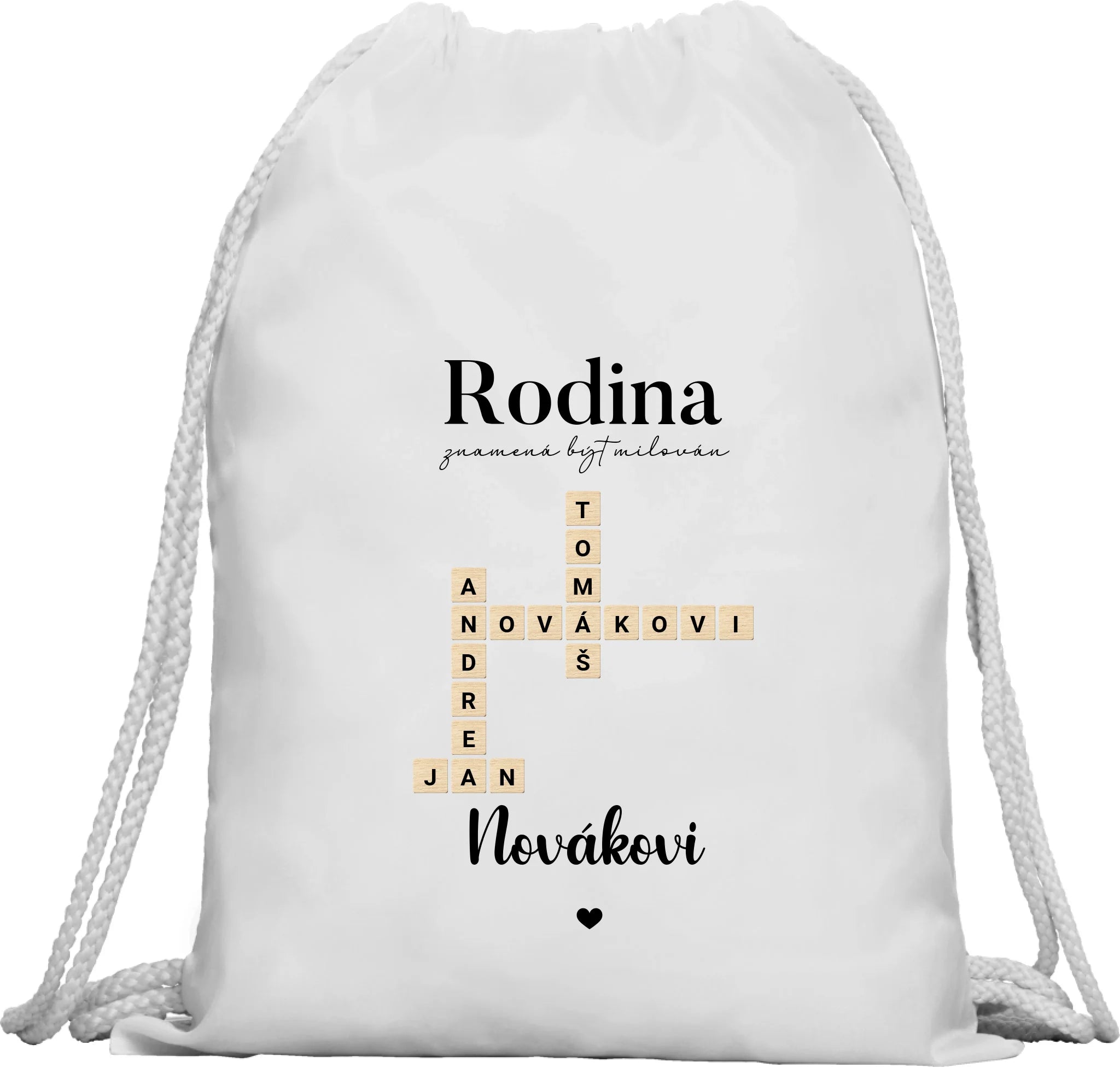 BATOH nebo TAŠKA s motivem RODINA SCRABLE (vložíte jména, doplníte texty) Multifunkční batoh KAGU bílá 35x45 cm