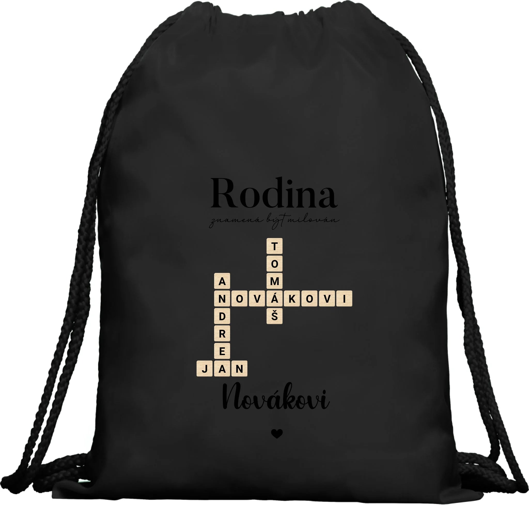 BATOH nebo TAŠKA s motivem RODINA SCRABLE (vložíte jména, doplníte texty) Multifunkční batoh KAGU černá 35x45 cm