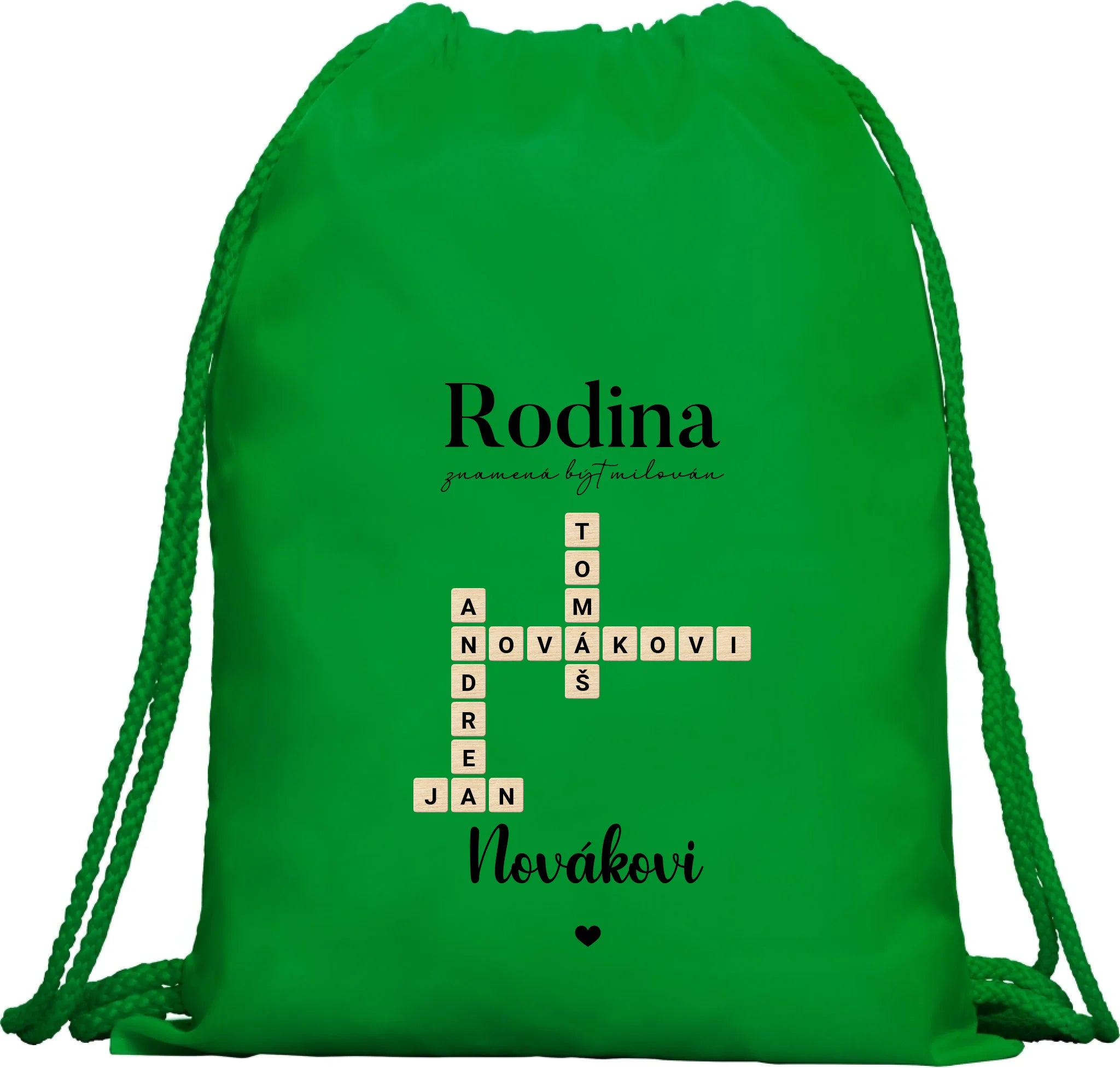 BATOH nebo TAŠKA s motivem RODINA SCRABLE (vložíte jména, doplníte texty) Multifunkční batoh KAGU zelená 35x45 cm