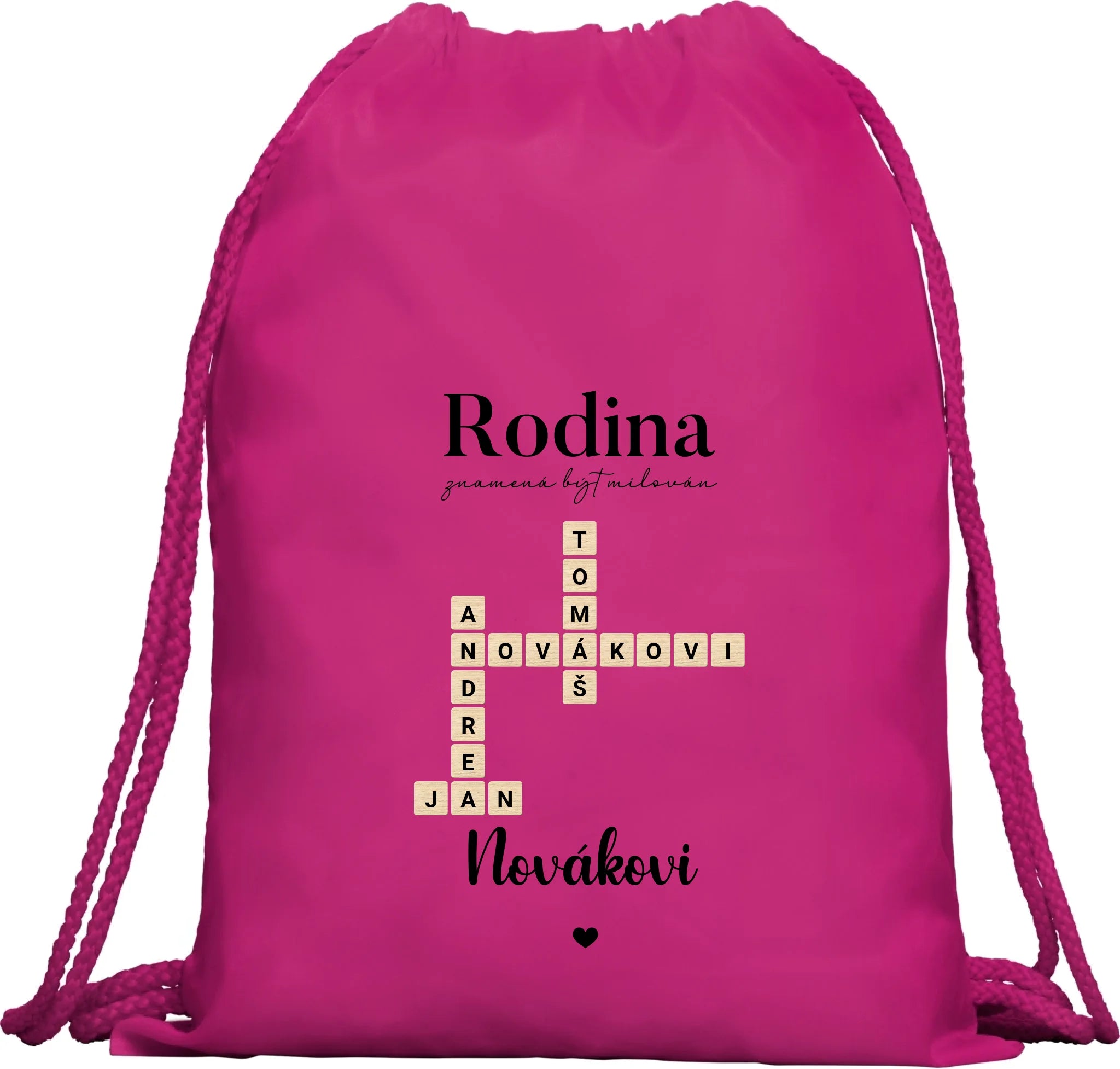 BATOH nebo TAŠKA s motivem RODINA SCRABLE (vložíte jména, doplníte texty) Multifunkční batoh KAGU růže 35x45 cm