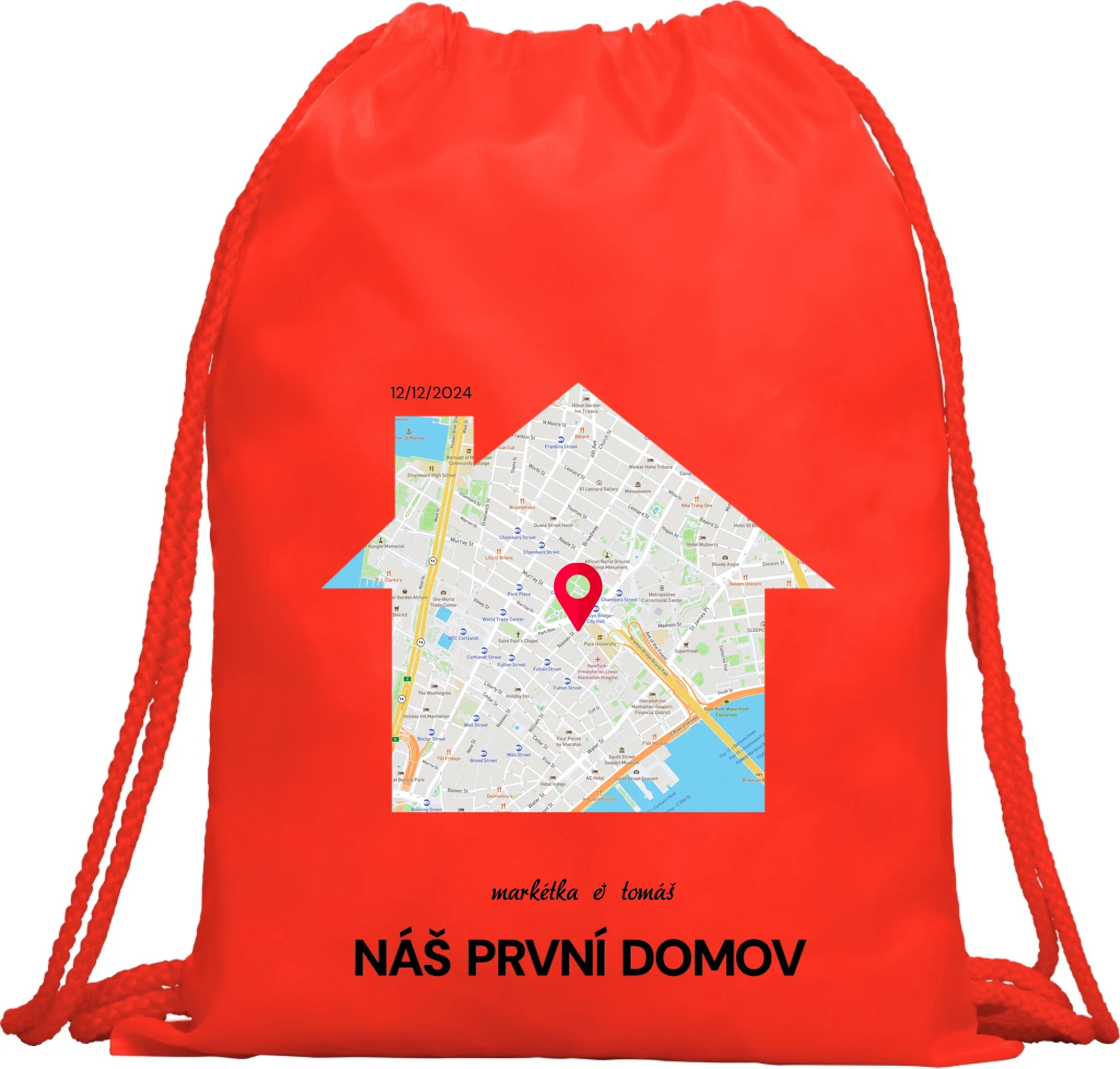 BATOH nebo TAŠKA s motivem RODINA TADY TO ZAČALO (vyberete tvar mapy, místo, doplníte texty)