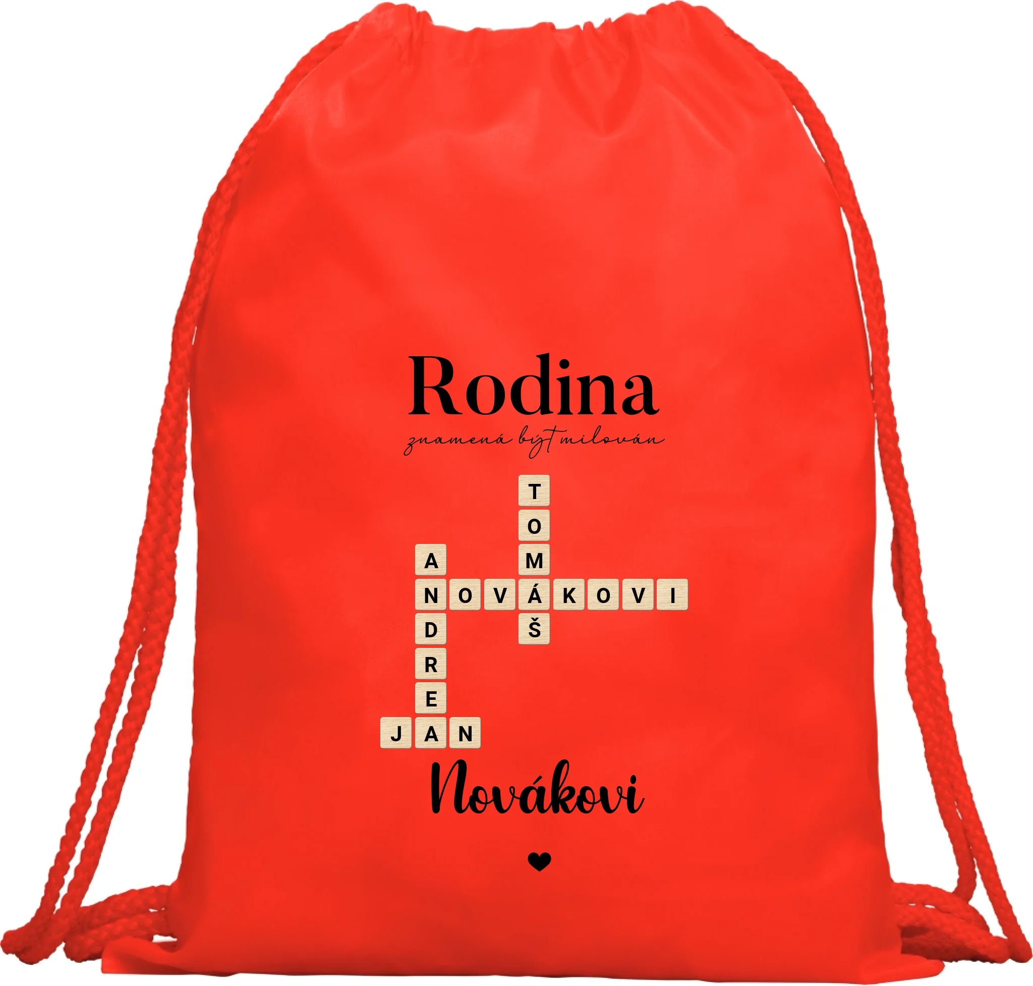 BATOH nebo TAŠKA s motivem RODINA SCRABLE (vložíte jména, doplníte texty) Multifunkční batoh KAGU červená 35x45 cm