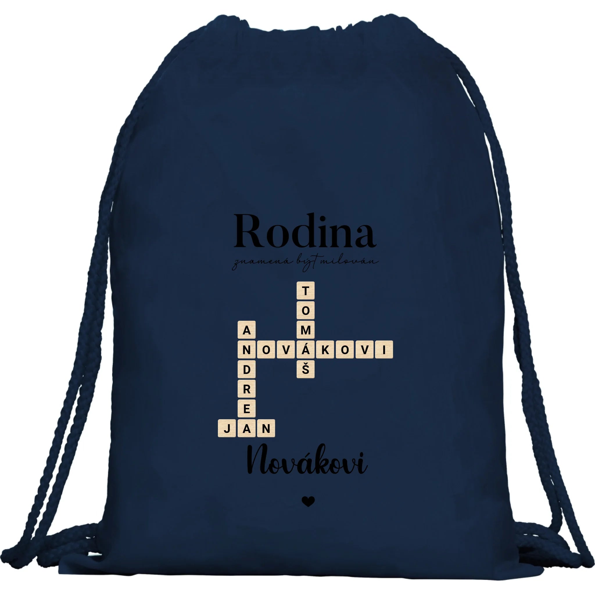 BATOH nebo TAŠKA s motivem RODINA SCRABLE (vložíte jména, doplníte texty) Multifunkční batoh KAGU námořnická modrá 35x45 cm