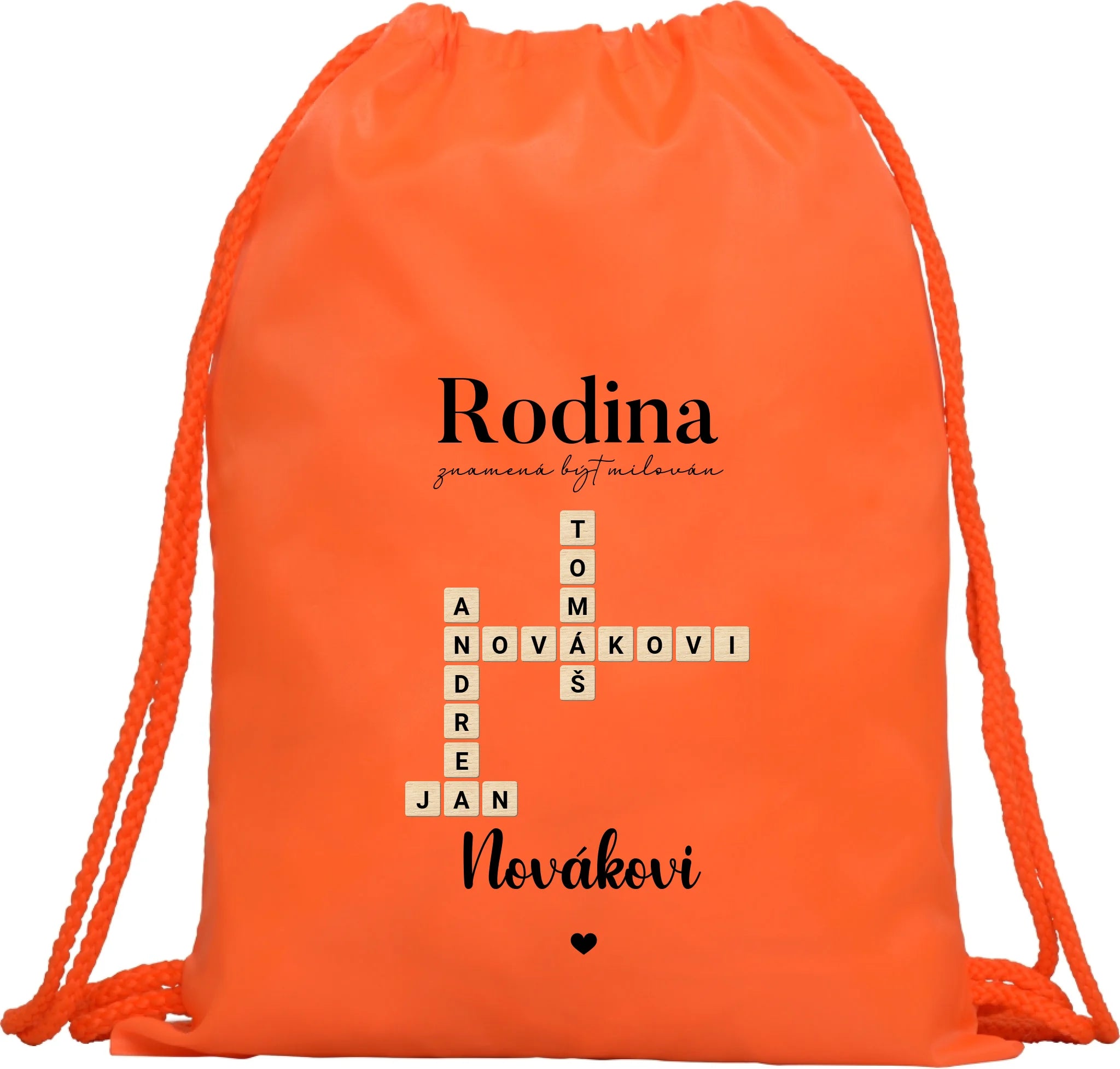 BATOH nebo TAŠKA s motivem RODINA SCRABLE (vložíte jména, doplníte texty) Multifunkční batoh KAGU oranžová 35x45 cm