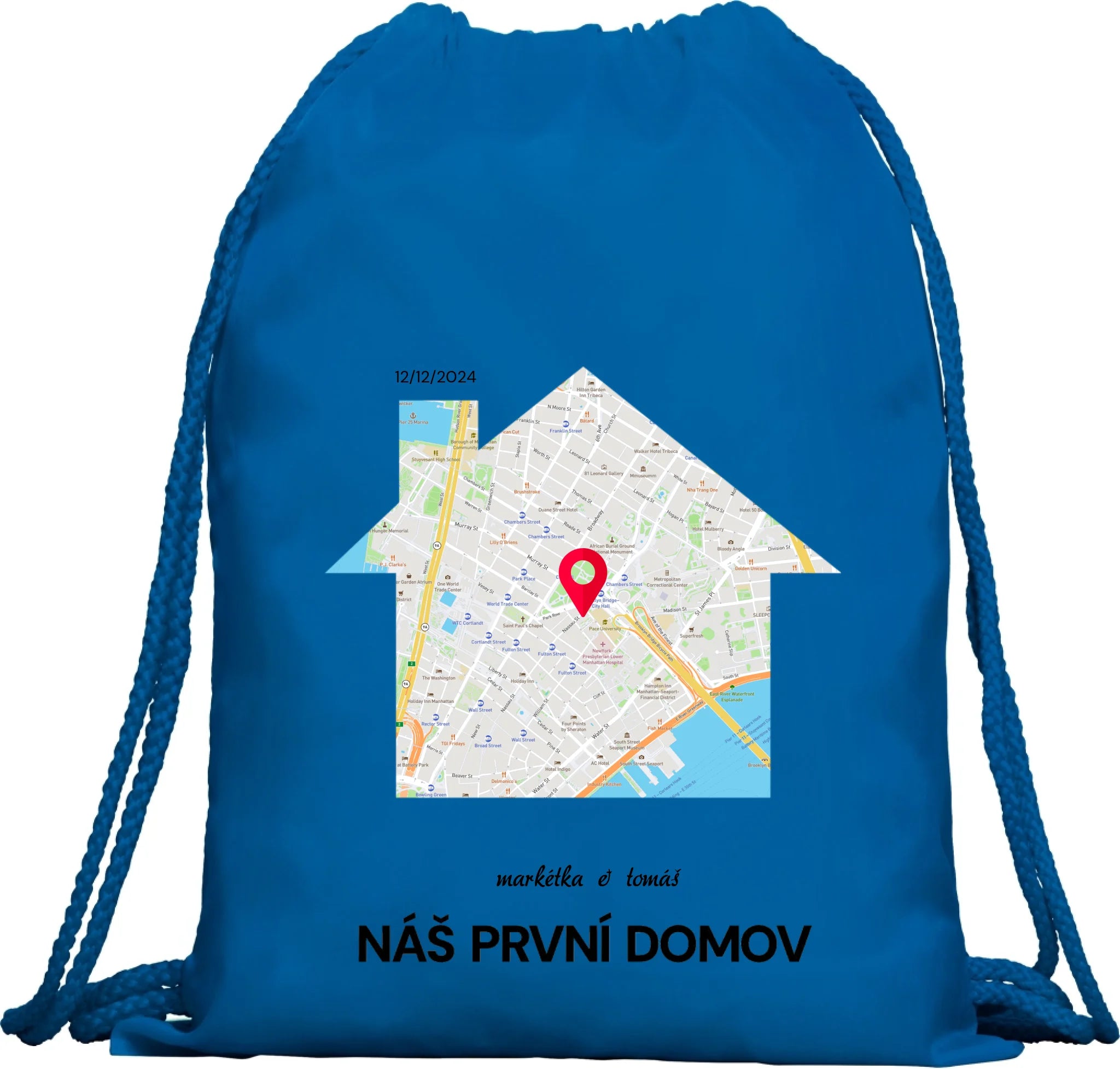 BATOH nebo TAŠKA s motivem RODINA TADY TO ZAČALO (vyberete tvar mapy, místo, doplníte texty) Multifunkční batoh KAGU modrá 35x45 cm