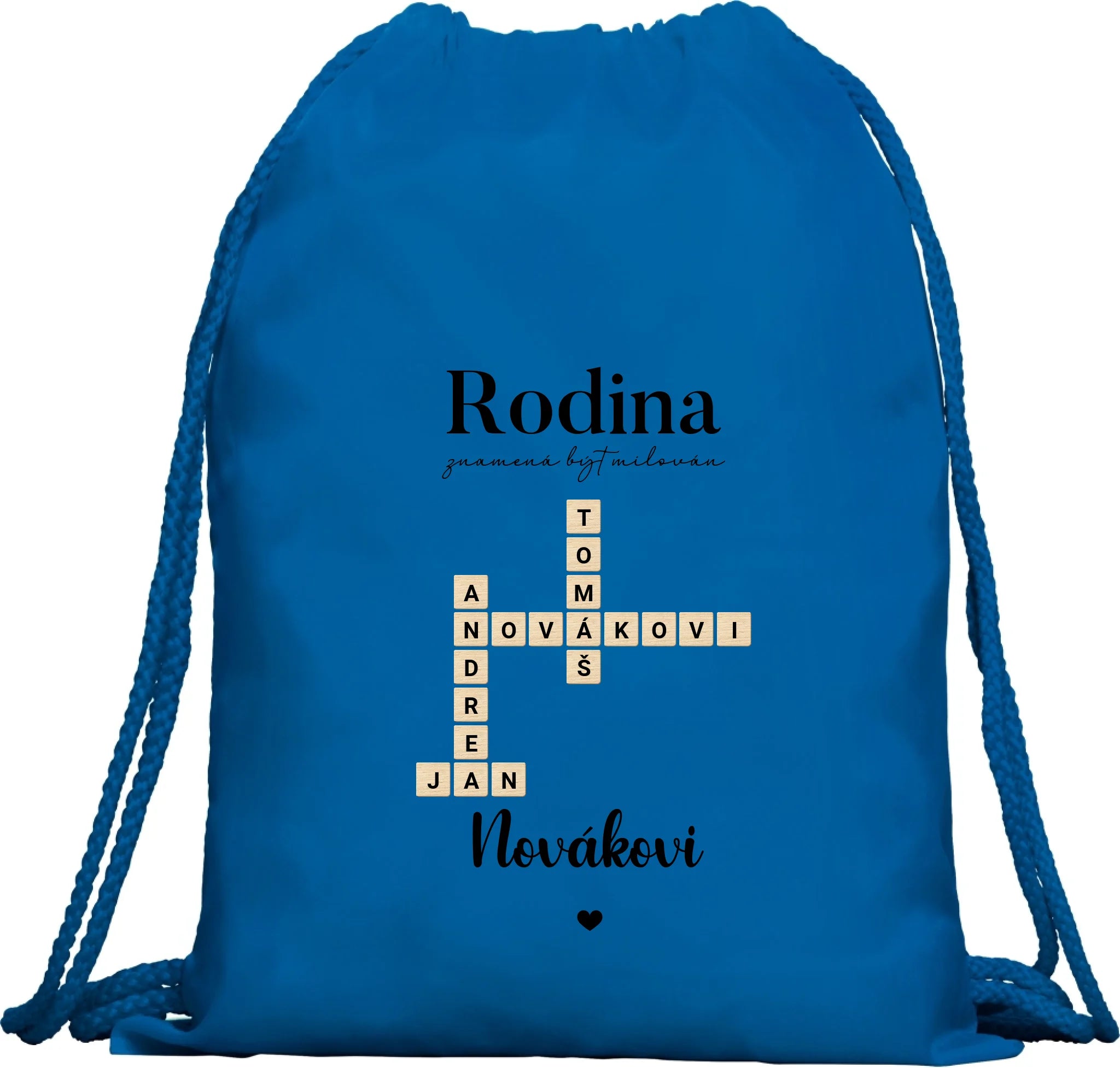 BATOH nebo TAŠKA s motivem RODINA SCRABLE (vložíte jména, doplníte texty) Multifunkční batoh KAGU modrá 35x45 cm