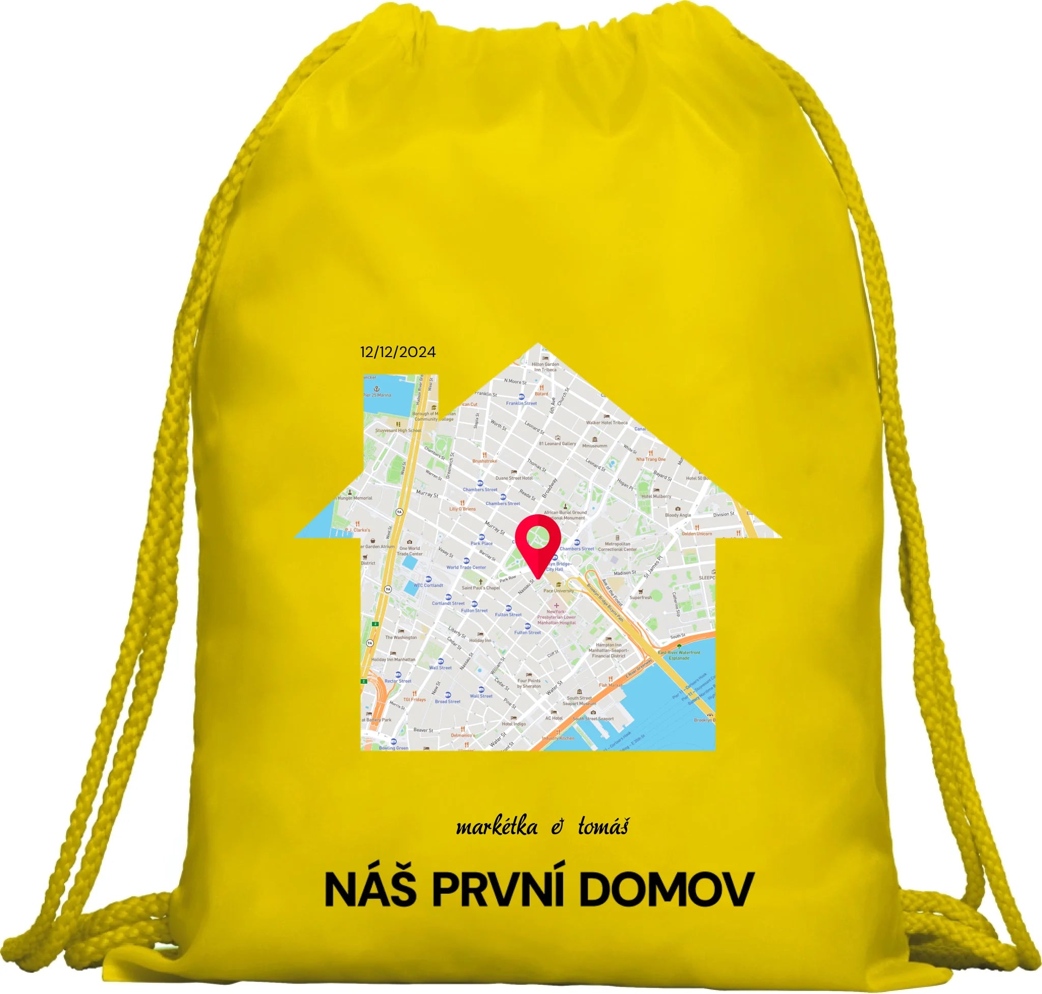 BATOH nebo TAŠKA s motivem RODINA TADY TO ZAČALO (vyberete tvar mapy, místo, doplníte texty) Multifunkční batoh KAGU žlutá 35x45 cm