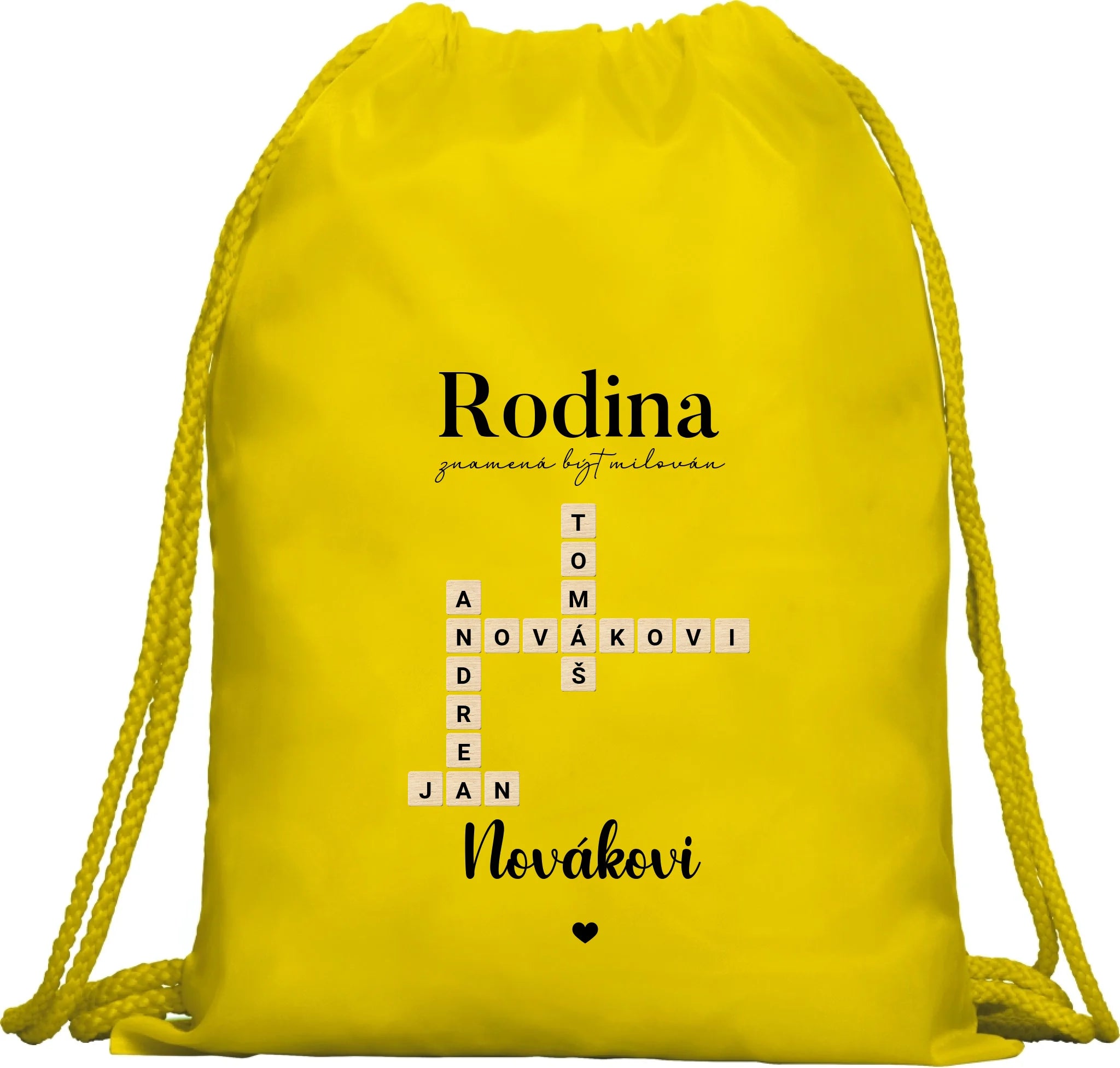BATOH nebo TAŠKA s motivem RODINA SCRABLE (vložíte jména, doplníte texty) Multifunkční batoh KAGU žlutá 35x45 cm
