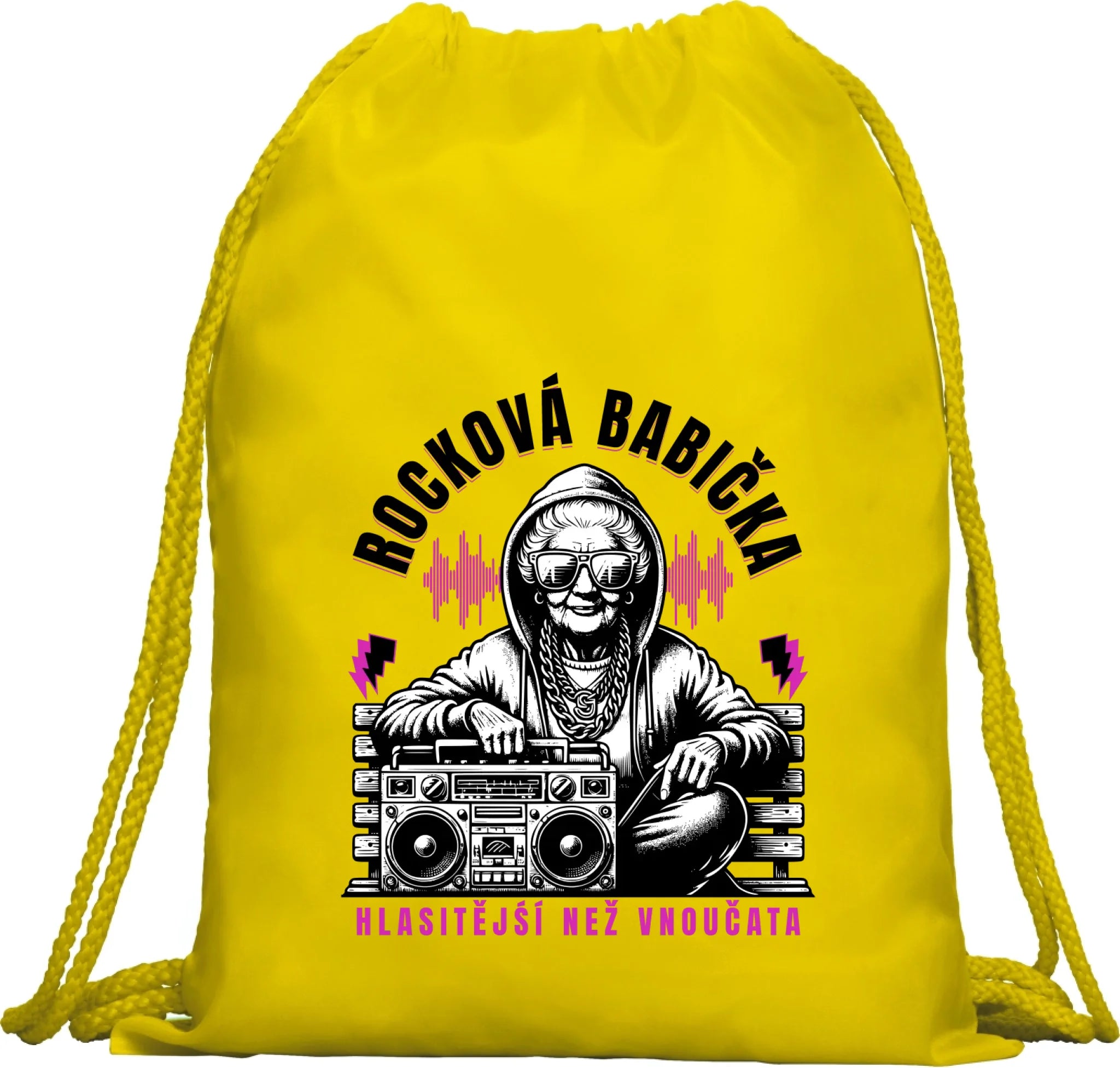 BATOH nebo TAŠKA s motivem ROCKOVÁ BABIČKA Multifunkční batoh KAGU žlutá 35x45 cm