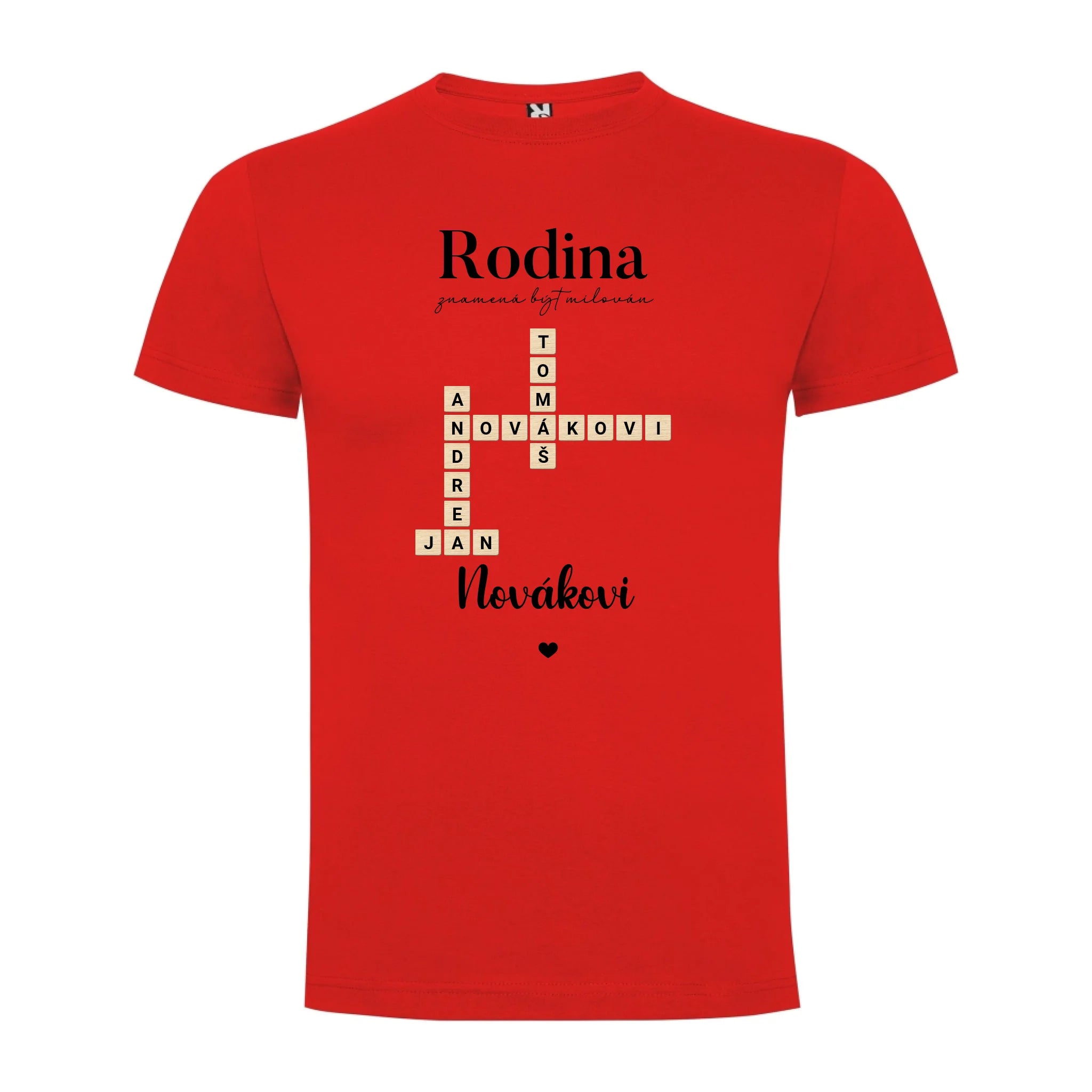CHLAPECKÉ TRIČKO s motivem RODINA SCRABLE (vložíte jména, doplníte texty) potisk jen dopředu chlapecké DOGO Červená