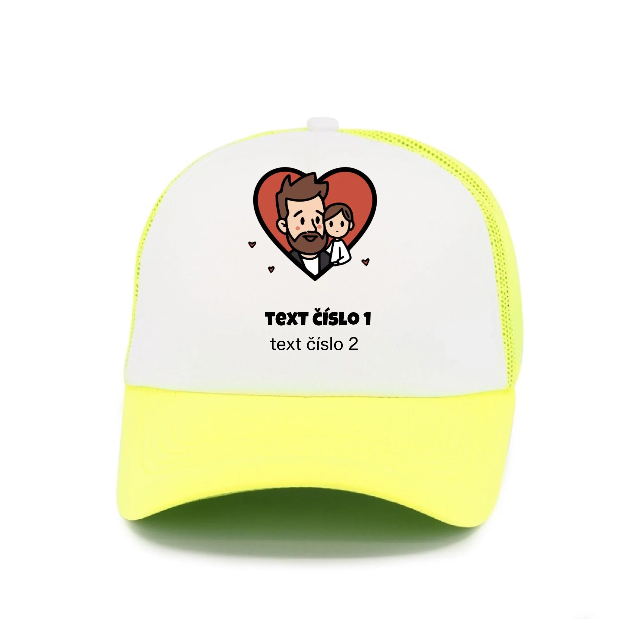NEJ TÁTA VÝBĚR OBRÁZKU (10+motivů) a MOŽNOST DOPLNIT VLASTNÍ TEXTY kšiltovka Kšiltovka TRUCKER neon žlutá 58