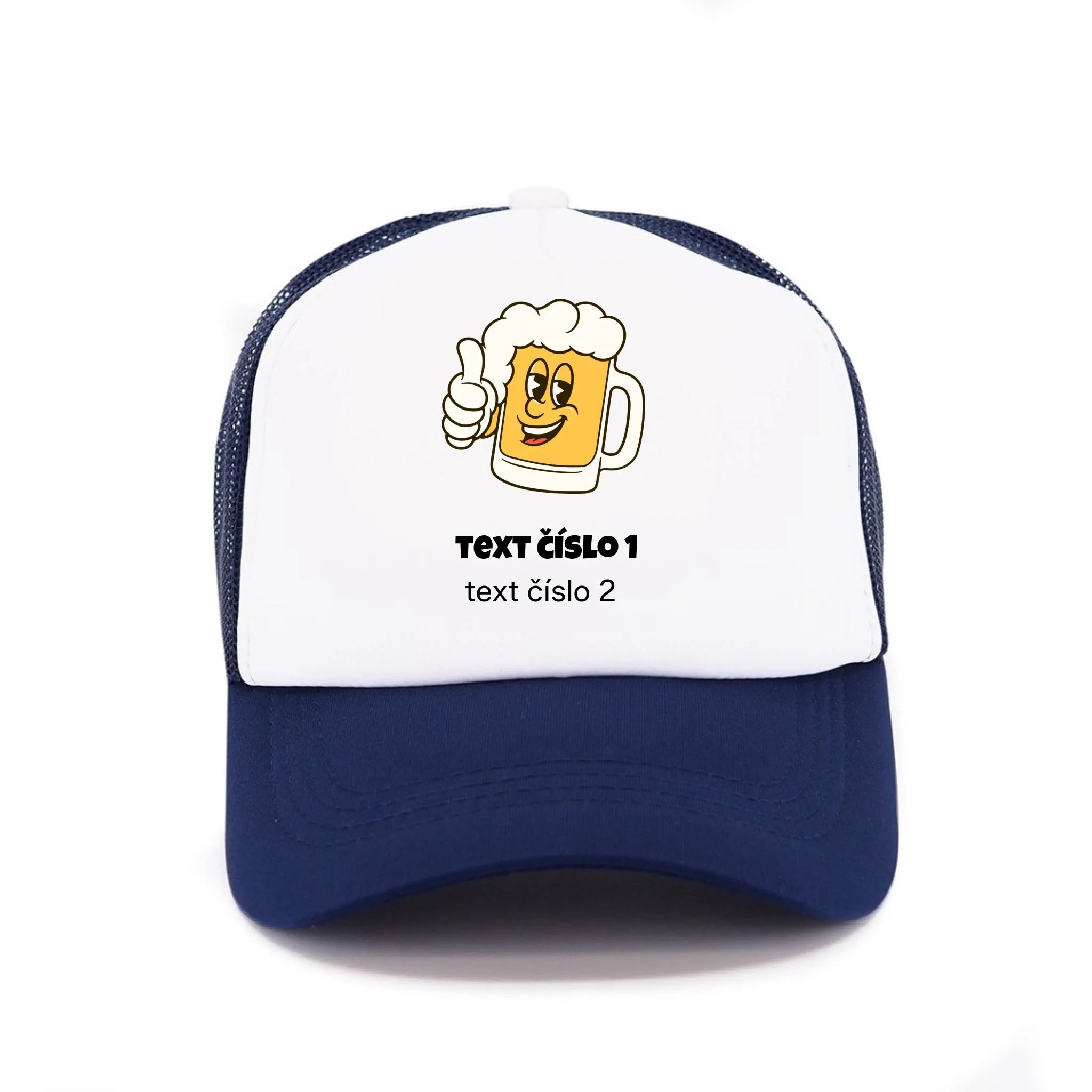 KŠILTOVKA s motivem PIVO (výběr z 10+ obrázků, možnost doplnit vlastní texty) Kšiltovka TRUCKER námořnická modrá 58