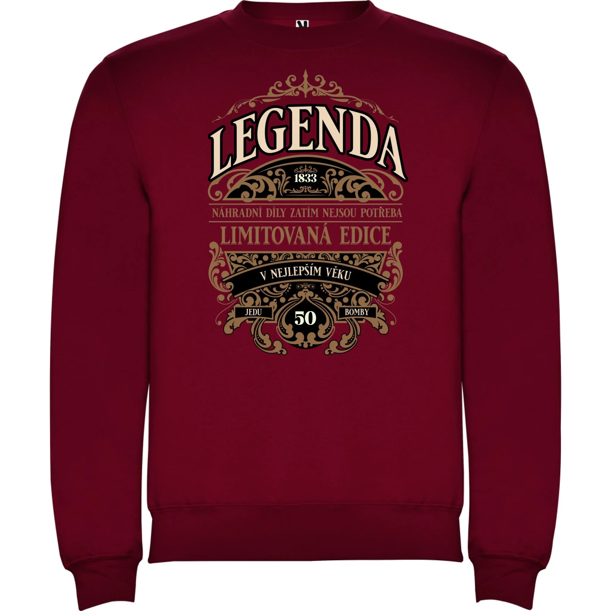 narozeniny LEGENDA pánská mikina bez kapuce potisk jen dopředu unisex mikina clasica Granátová
