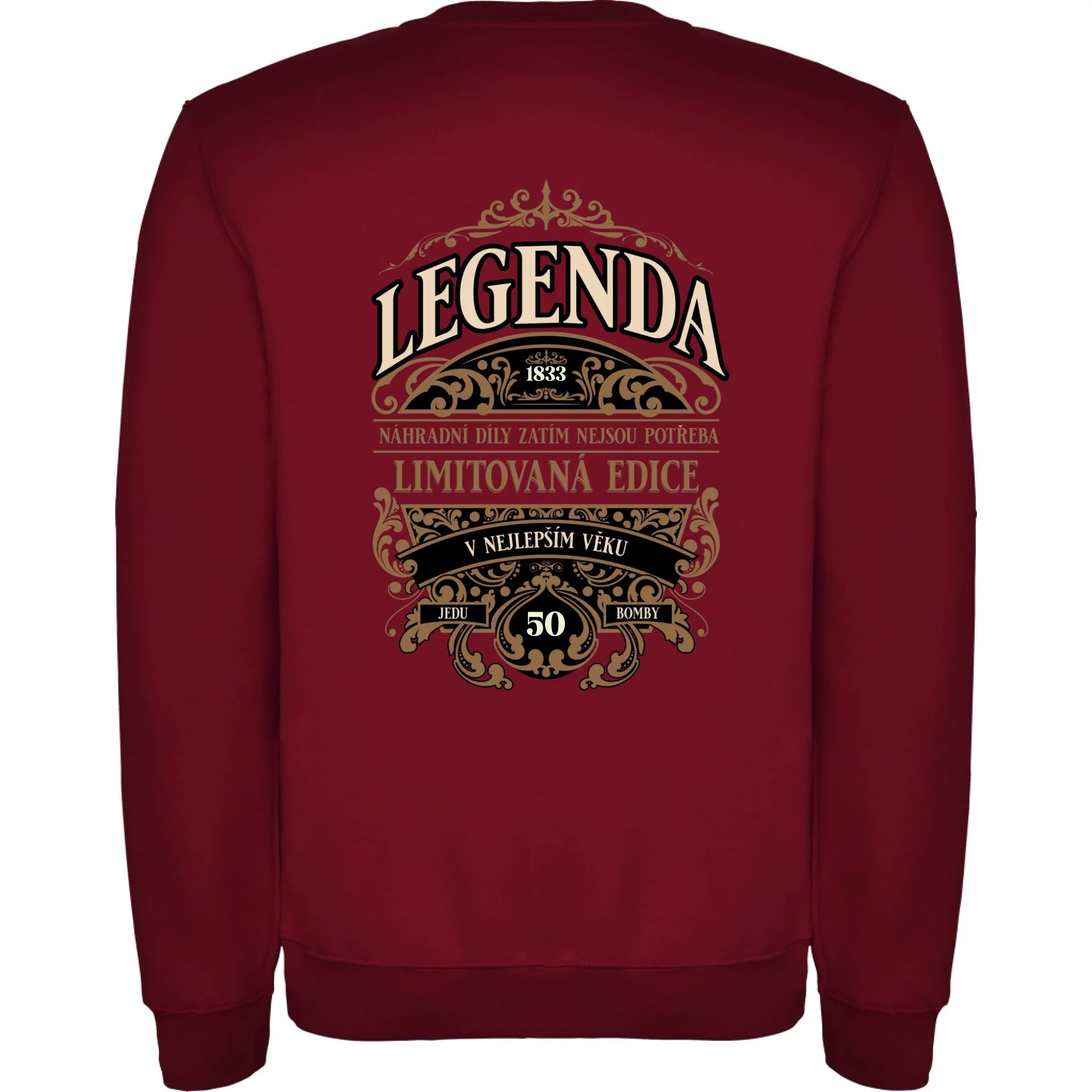 narozeniny LEGENDA pánská mikina bez kapuce potisk jen na záda unisex mikina clasica Granátová