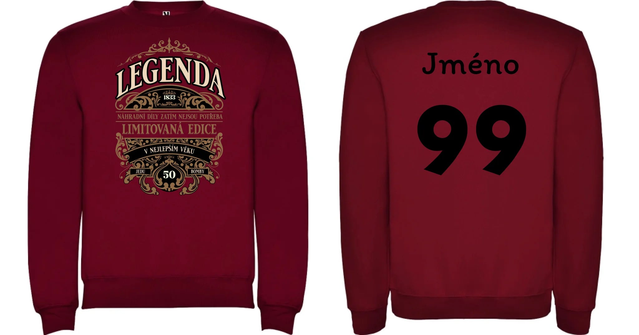 narozeniny LEGENDA pánská mikina bez kapuce oboustranný potisk unisex mikina clasica Granátová