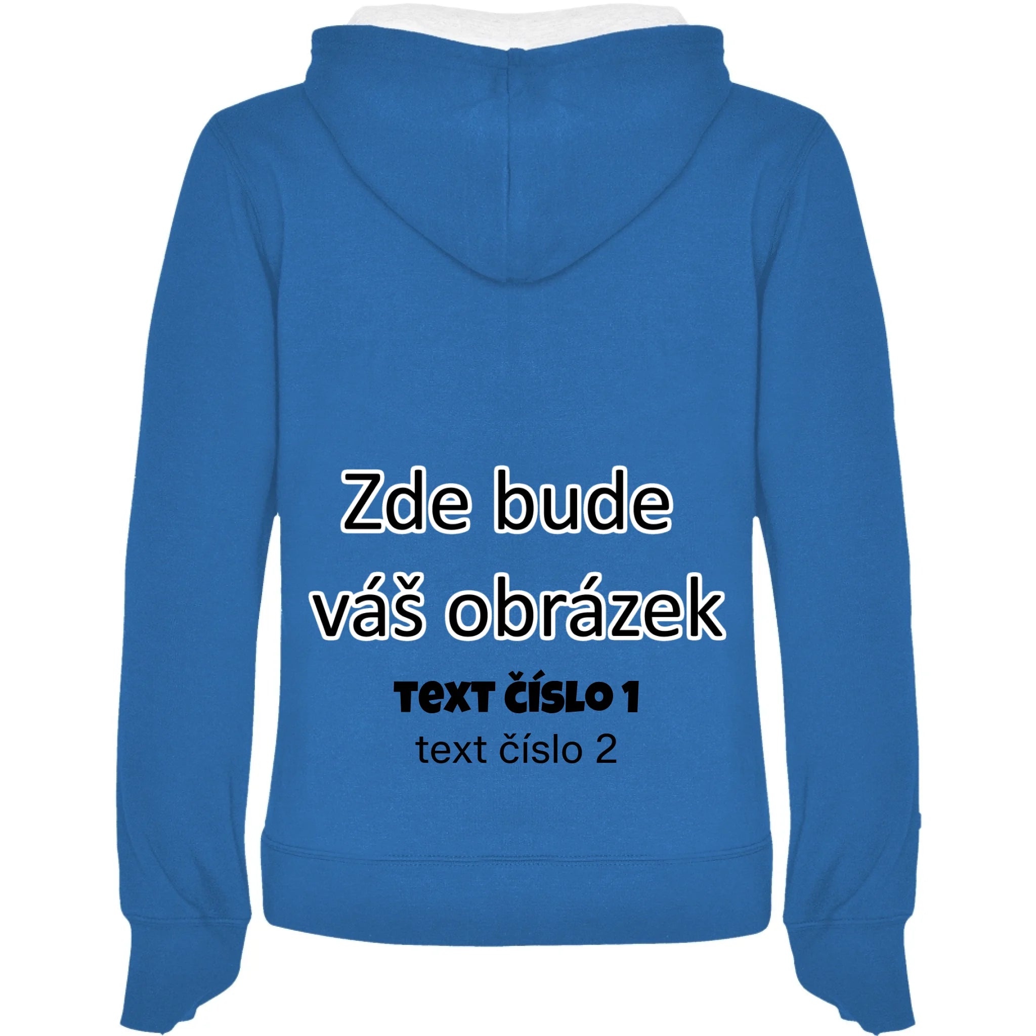 PÁNSKÁ / DÁMSKÁ / DĚTSKÁ mikina s kapucí týmová POTISK NA ZÁDA potisk dámská Modrá bílá
