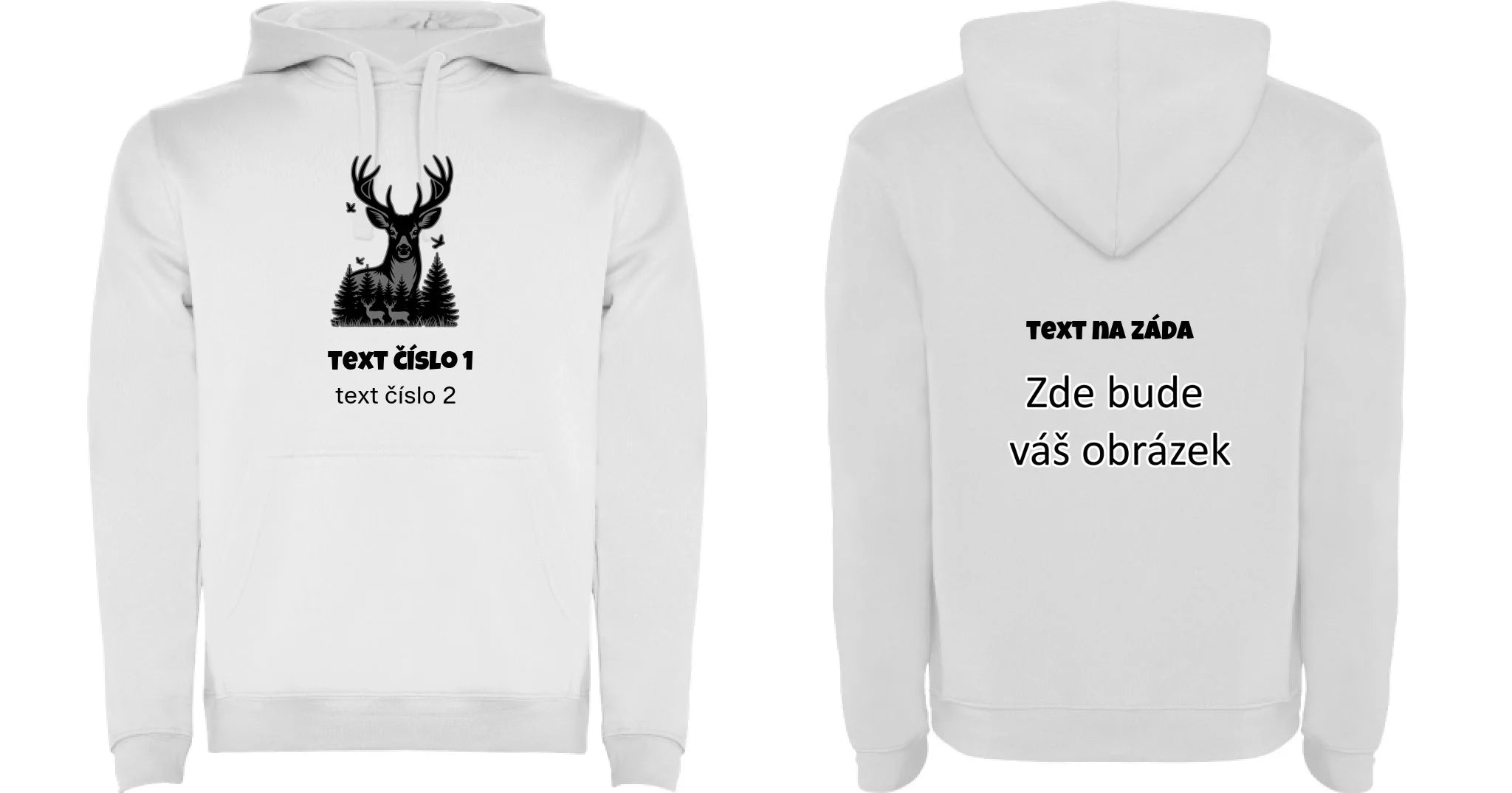 myslivost VÝBĚR OBRÁZKU (10+motivů) a MOŽNOST DOPLNIT VLASTNÍ TEXTY pánská mikina s kapucí oboustranný potisk pánská mikina URBAN Bílá