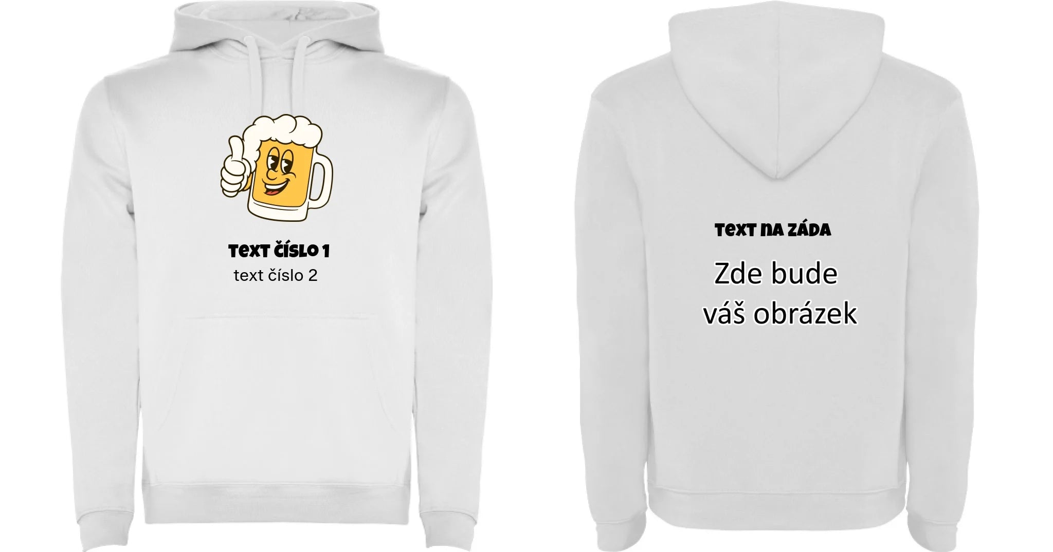 PIVO VÝBĚR OBRÁZKU (10+motivů) a MOŽNOST DOPLNIT VLASTNÍ TEXTY pánská mikina s kapucí oboustranný potisk pánská mikina URBAN Bílá