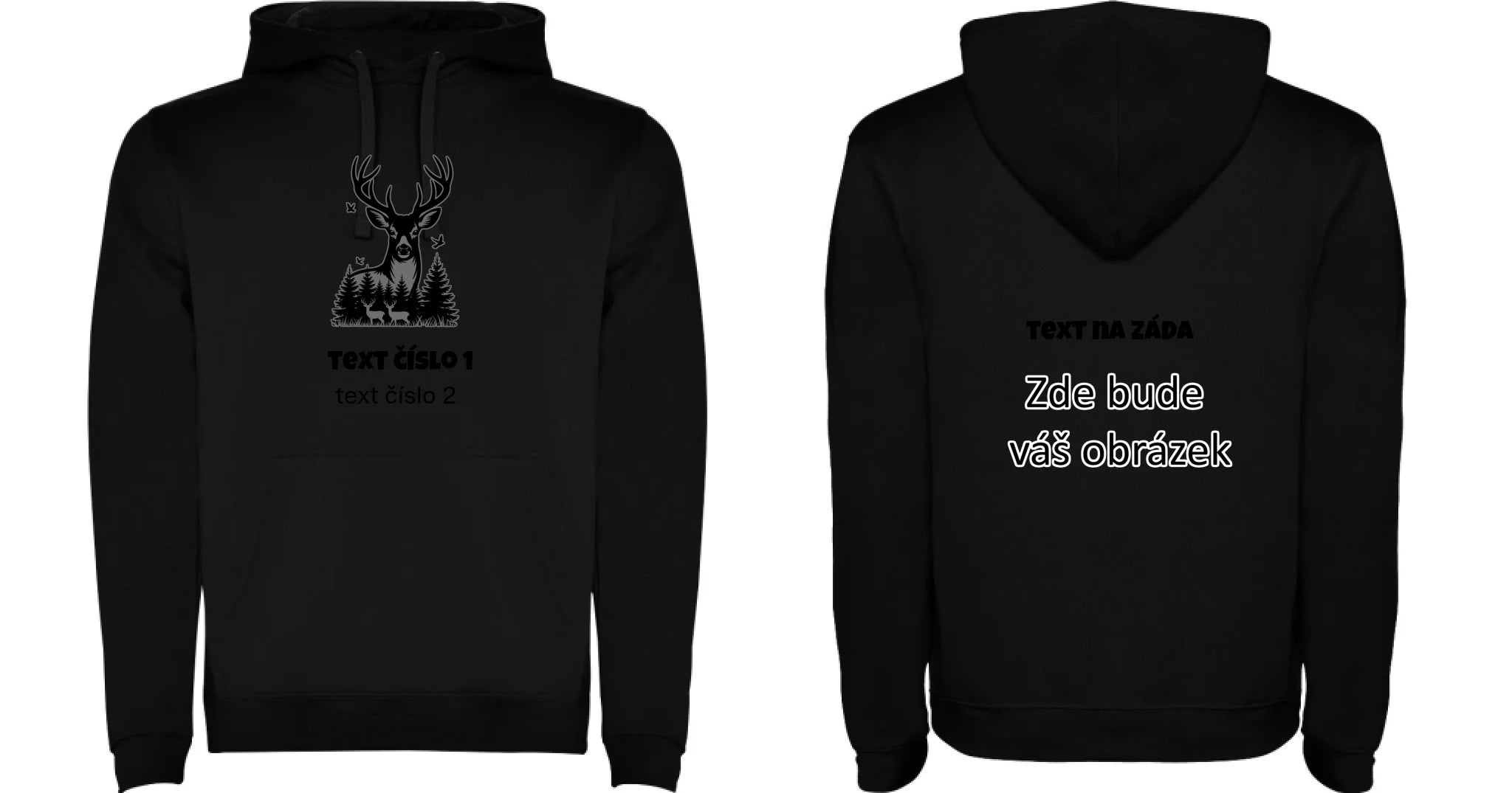 myslivost VÝBĚR OBRÁZKU (10+motivů) a MOŽNOST DOPLNIT VLASTNÍ TEXTY pánská mikina s kapucí oboustranný potisk pánská mikina URBAN Černá