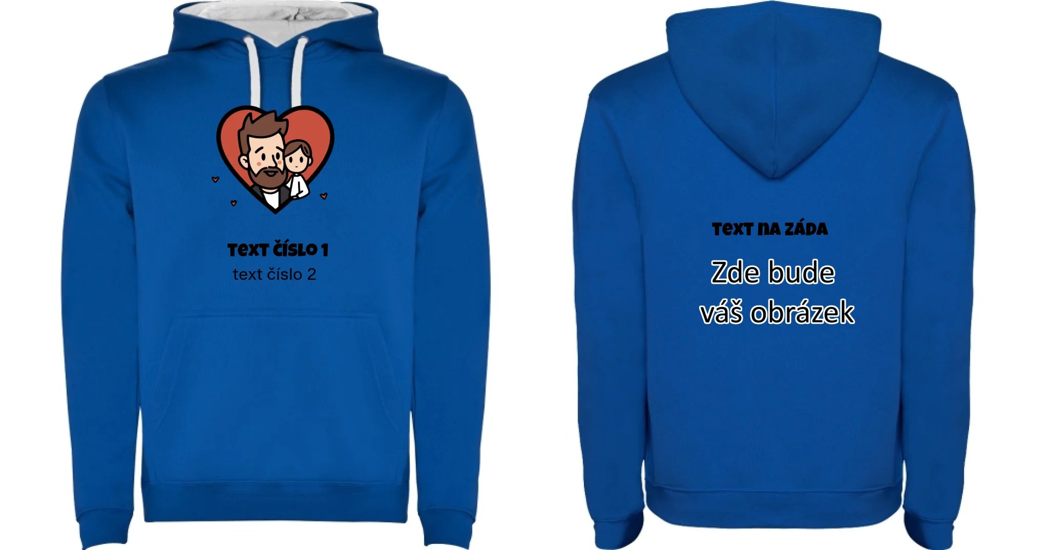 NEJ TÁTA VÝBĚR OBRÁZKU (10+motivů) a MOŽNOST DOPLNIT VLASTNÍ TEXTY pánská mikina s kapucí oboustranný potisk pánská mikina URBAN Modrá bílá