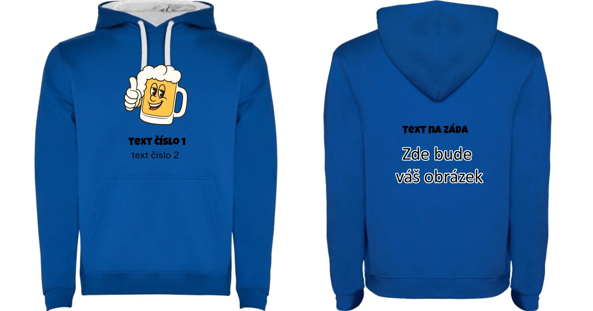PIVO VÝBĚR OBRÁZKU (10+motivů) a MOŽNOST DOPLNIT VLASTNÍ TEXTY pánská mikina s kapucí oboustranný potisk pánská mikina URBAN Modrá bílá
