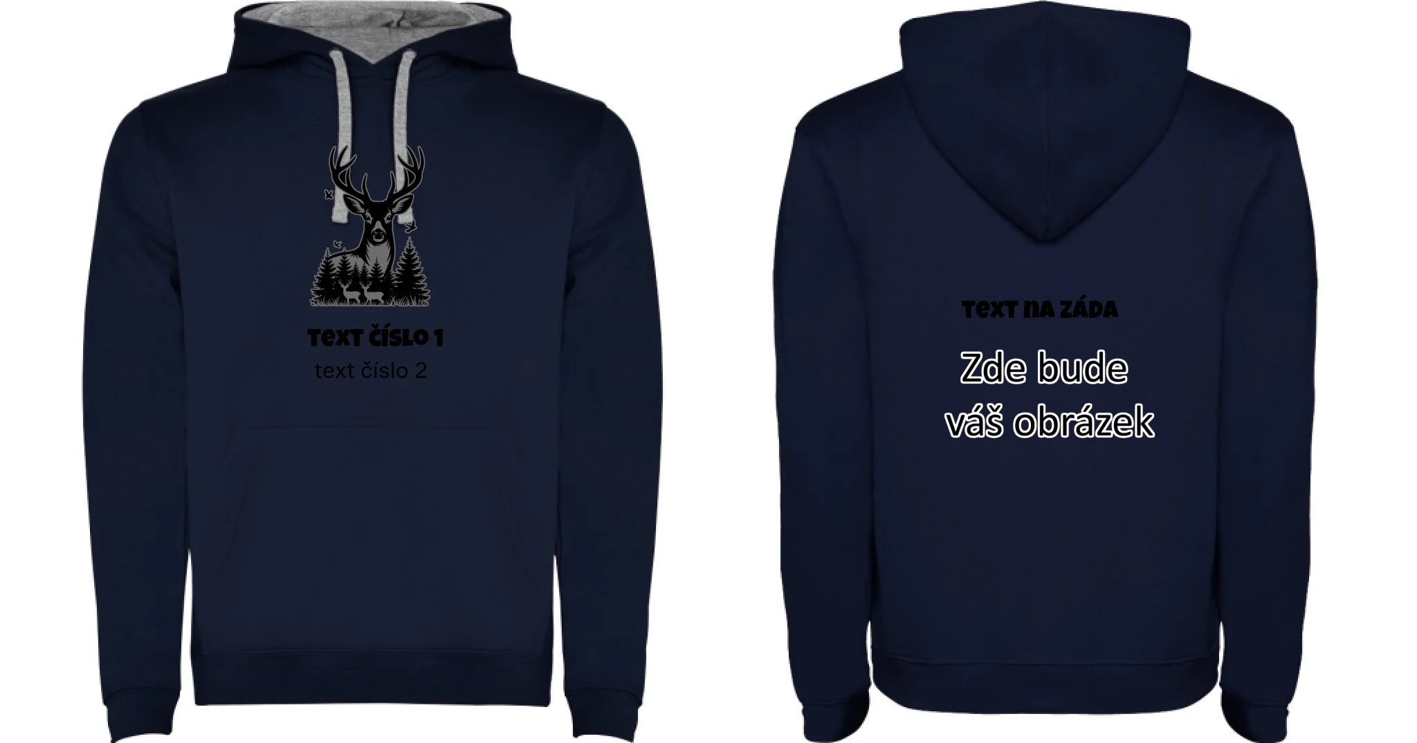 myslivost VÝBĚR OBRÁZKU (10+motivů) a MOŽNOST DOPLNIT VLASTNÍ TEXTY pánská mikina s kapucí oboustranný potisk pánská mikina URBAN Námořnická modrá melír