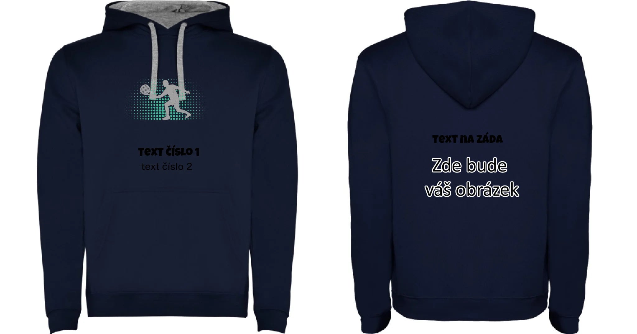 PADEL VÝBĚR OBRÁZKU (10+motivů) a MOŽNOST DOPLNIT VLASTNÍ TEXTY pánská mikina s kapucí oboustranný potisk pánská mikina URBAN Námořnická modrá melír