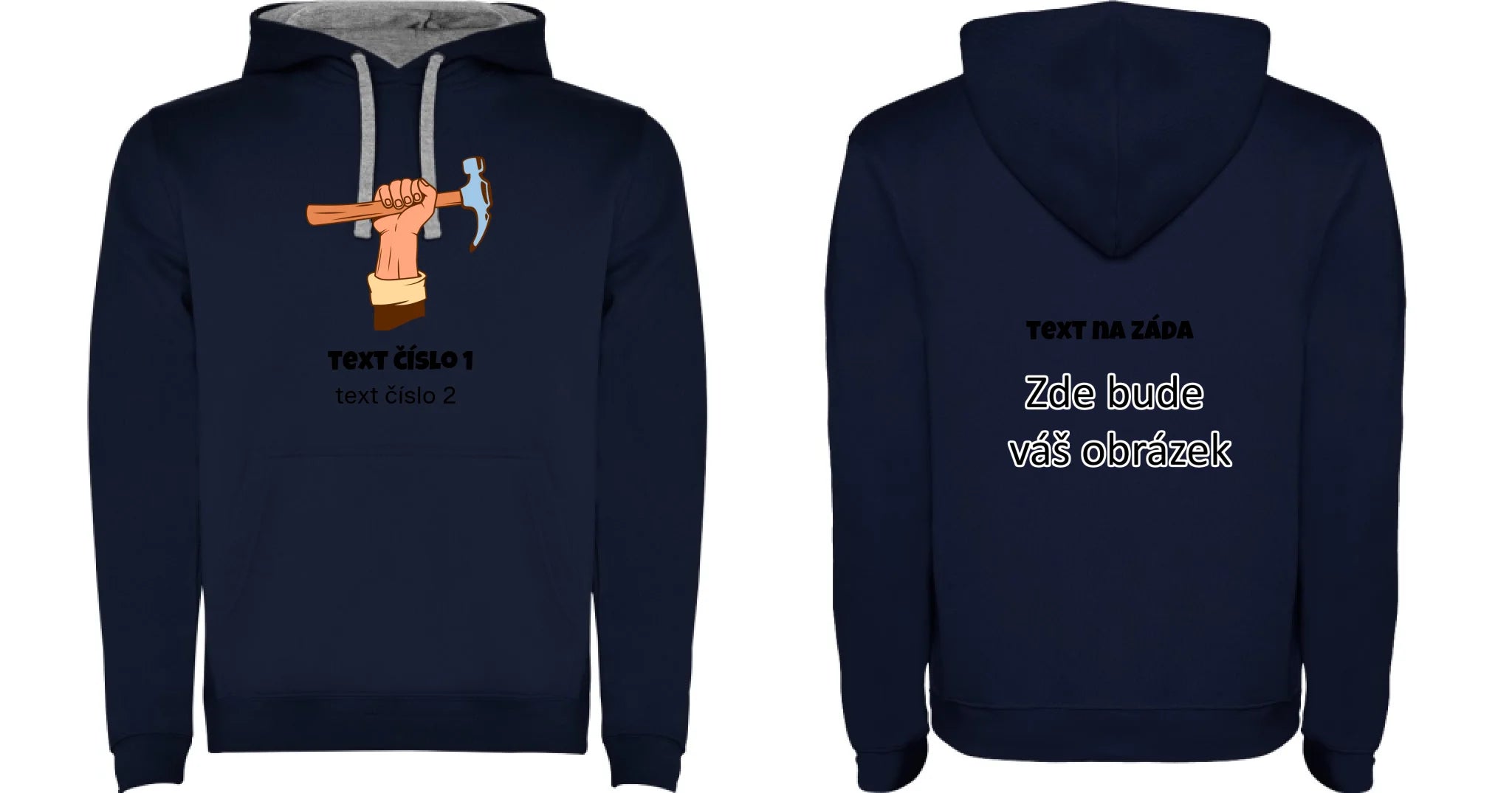PRACOVNÍ VÝBĚR OBRÁZKU (10+motivů) a MOŽNOST DOPLNIT VLASTNÍ TEXTY pánská mikina s kapucí oboustranný potisk pánská mikina URBAN Námořnická modrá melír