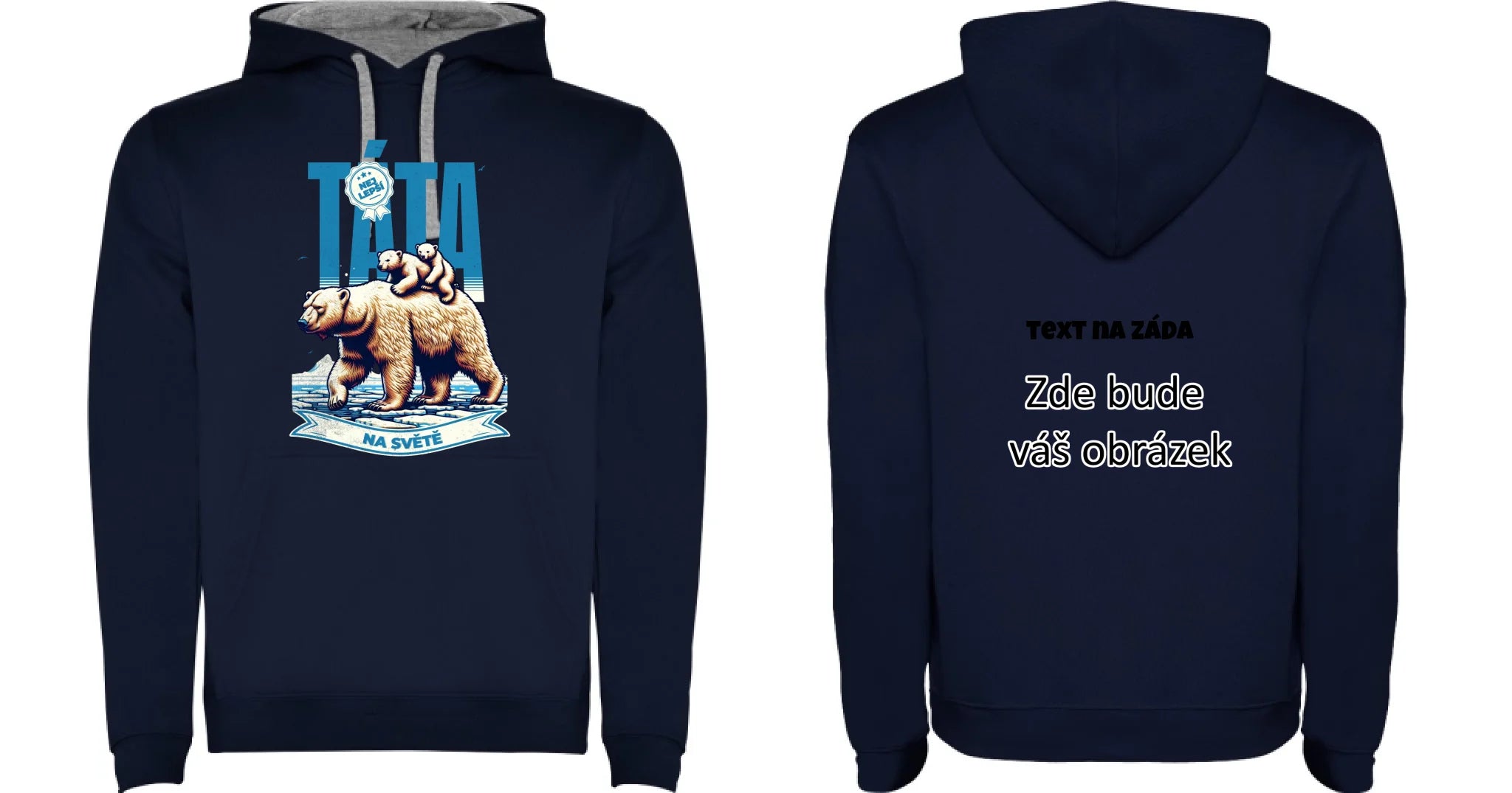 NEJ TÁTA NA SVĚTĚ pánská mikina s kapucí (17 motivů, 9 barev mikinya, potisk dopředu, na záda nebo vlastní oboustranný) oboustranný potisk pánská mikina URBAN Námořnická modrá melír