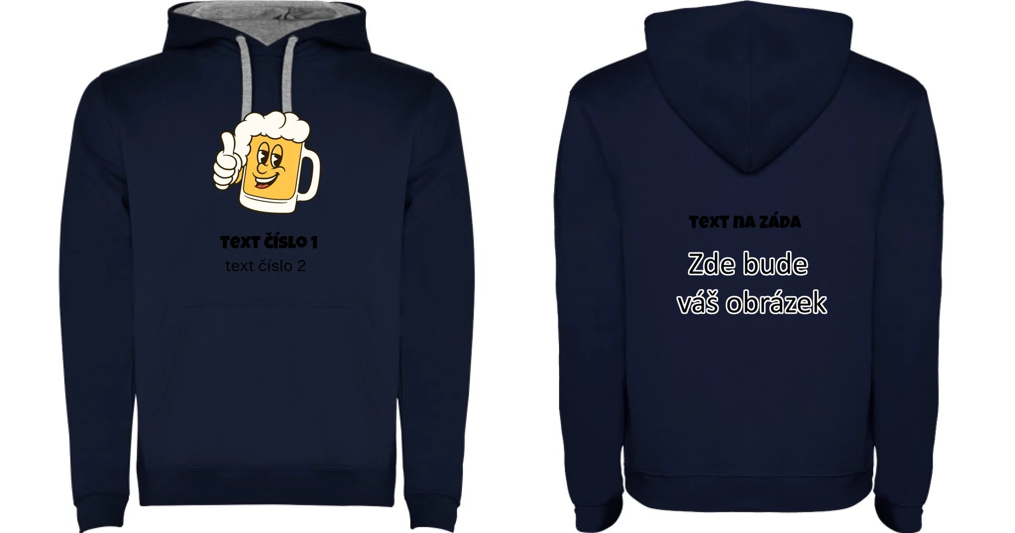 PIVO VÝBĚR OBRÁZKU (10+motivů) a MOŽNOST DOPLNIT VLASTNÍ TEXTY pánská mikina s kapucí oboustranný potisk pánská mikina URBAN Námořnická modrá melír