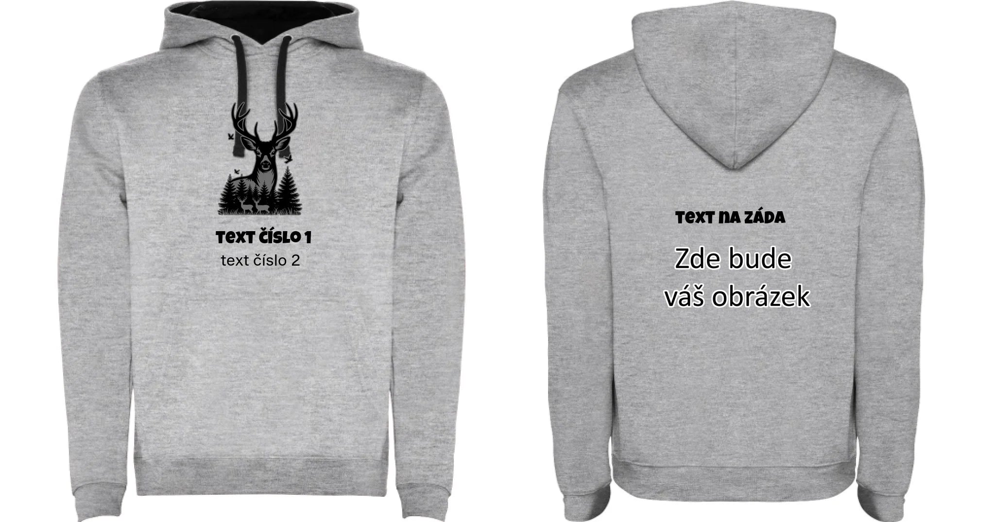 myslivost VÝBĚR OBRÁZKU (10+motivů) a MOŽNOST DOPLNIT VLASTNÍ TEXTY pánská mikina s kapucí oboustranný potisk pánská mikina URBAN Melír černá