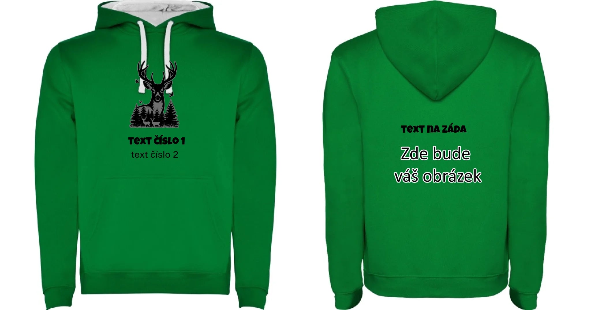 myslivost VÝBĚR OBRÁZKU (10+motivů) a MOŽNOST DOPLNIT VLASTNÍ TEXTY pánská mikina s kapucí oboustranný potisk pánská mikina URBAN Sytě zelená bílá