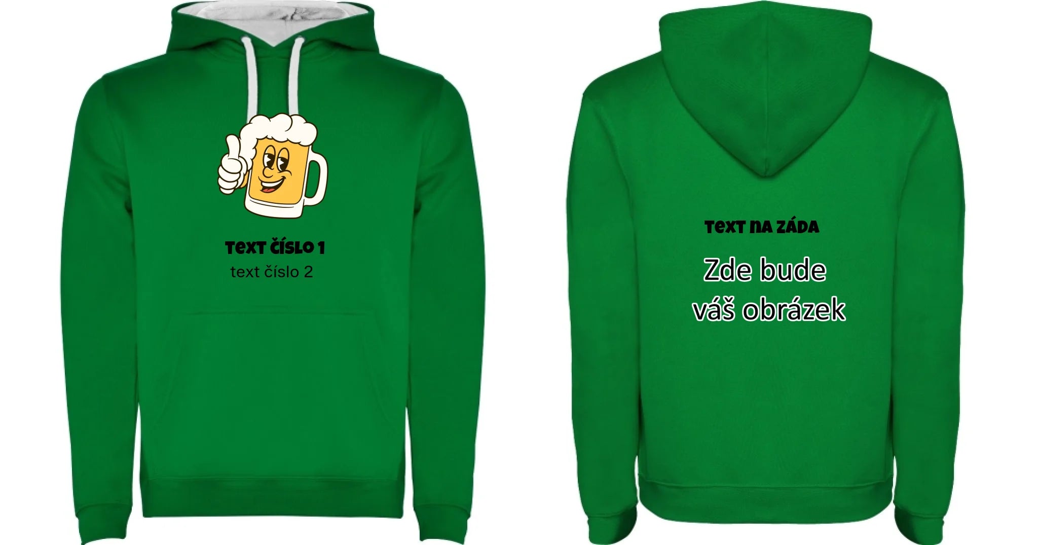 PIVO VÝBĚR OBRÁZKU (10+motivů) a MOŽNOST DOPLNIT VLASTNÍ TEXTY pánská mikina s kapucí oboustranný potisk pánská mikina URBAN Sytě zelená bílá