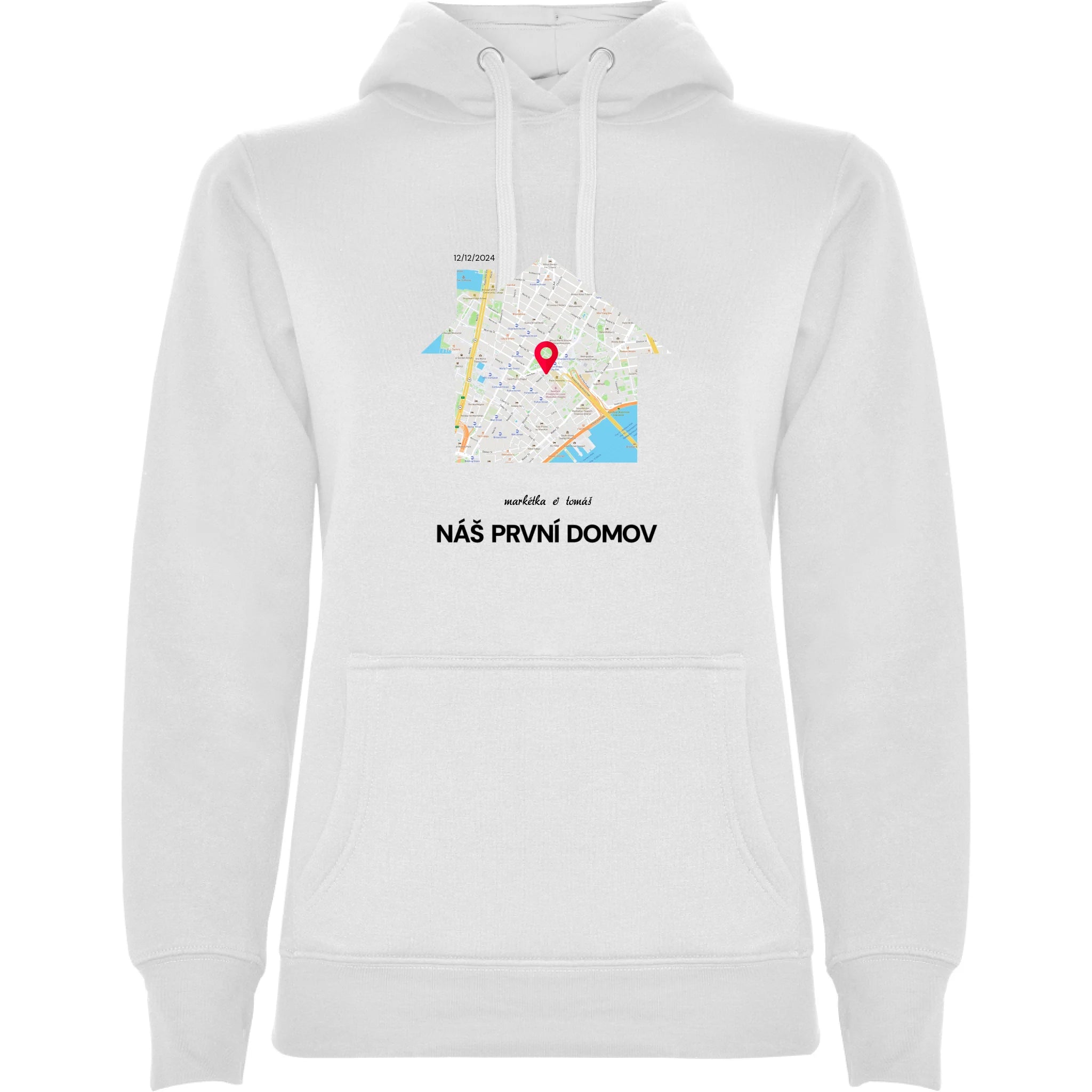 MIKINA S KAPUCÍ MAPA vyberte místo, generujte mapu, doplňte vlastní texty potisk jen dopředu dámská mikina urban Bílá