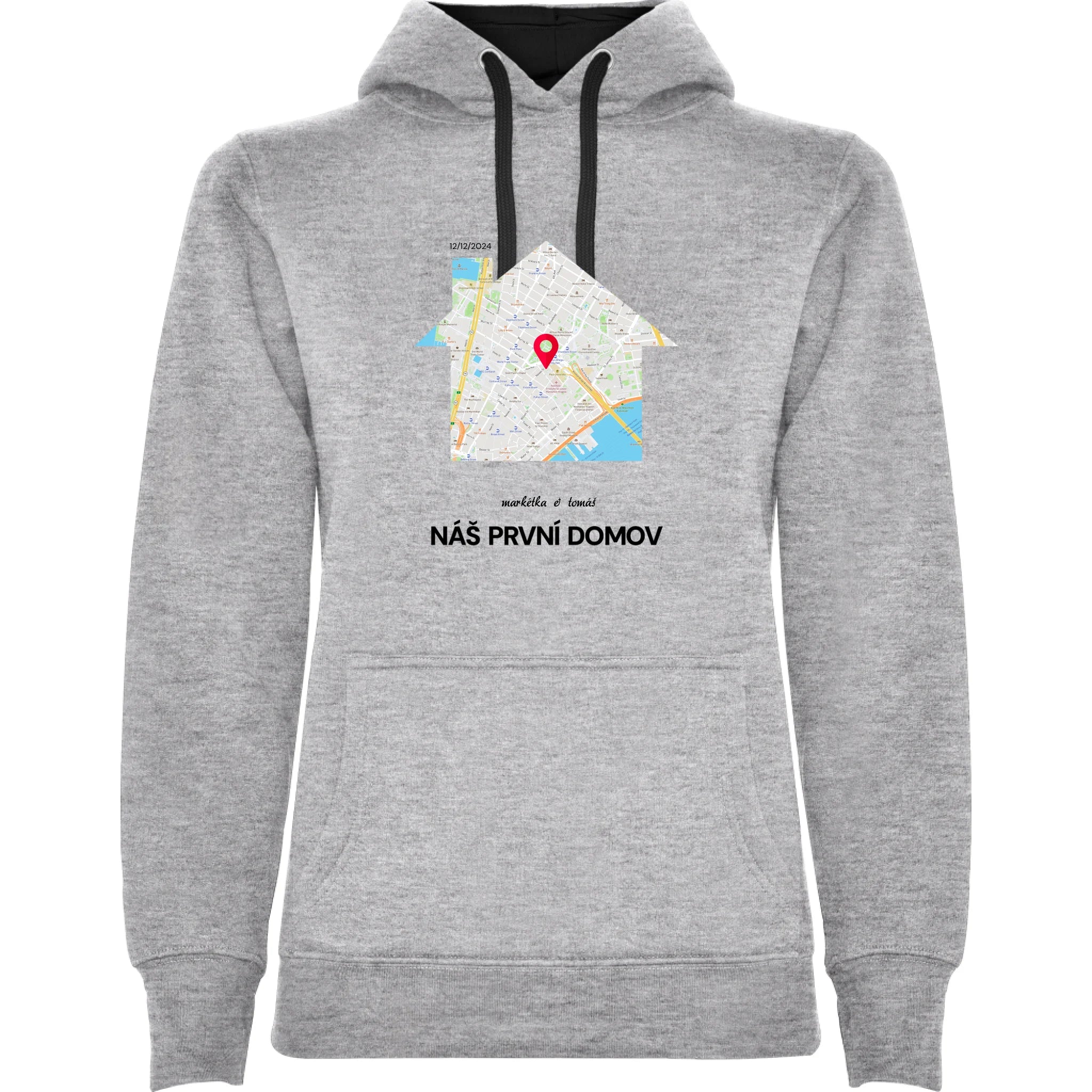 MIKINA S KAPUCÍ MAPA vyberte místo, generujte mapu, doplňte vlastní texty potisk jen dopředu dámská mikina urban Melír černá