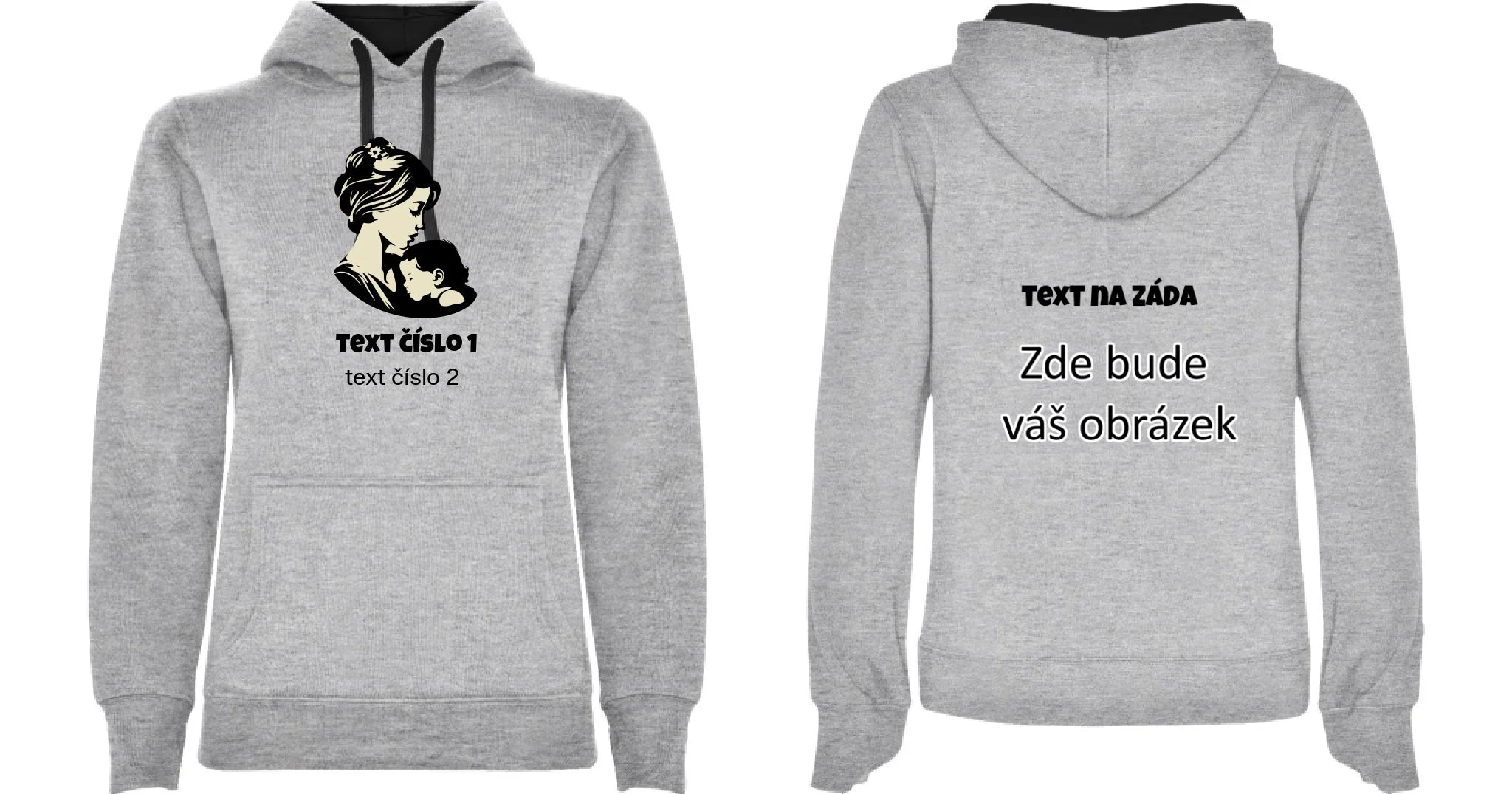 NEJ MÁMA VÝBĚR OBRÁZKU (10+motivů) a MOŽNOST DOPLNIT VLASTNÍ TEXTY dámská mikina s kapucí oboustranný potisk dámská mikina URBAN Melír černá