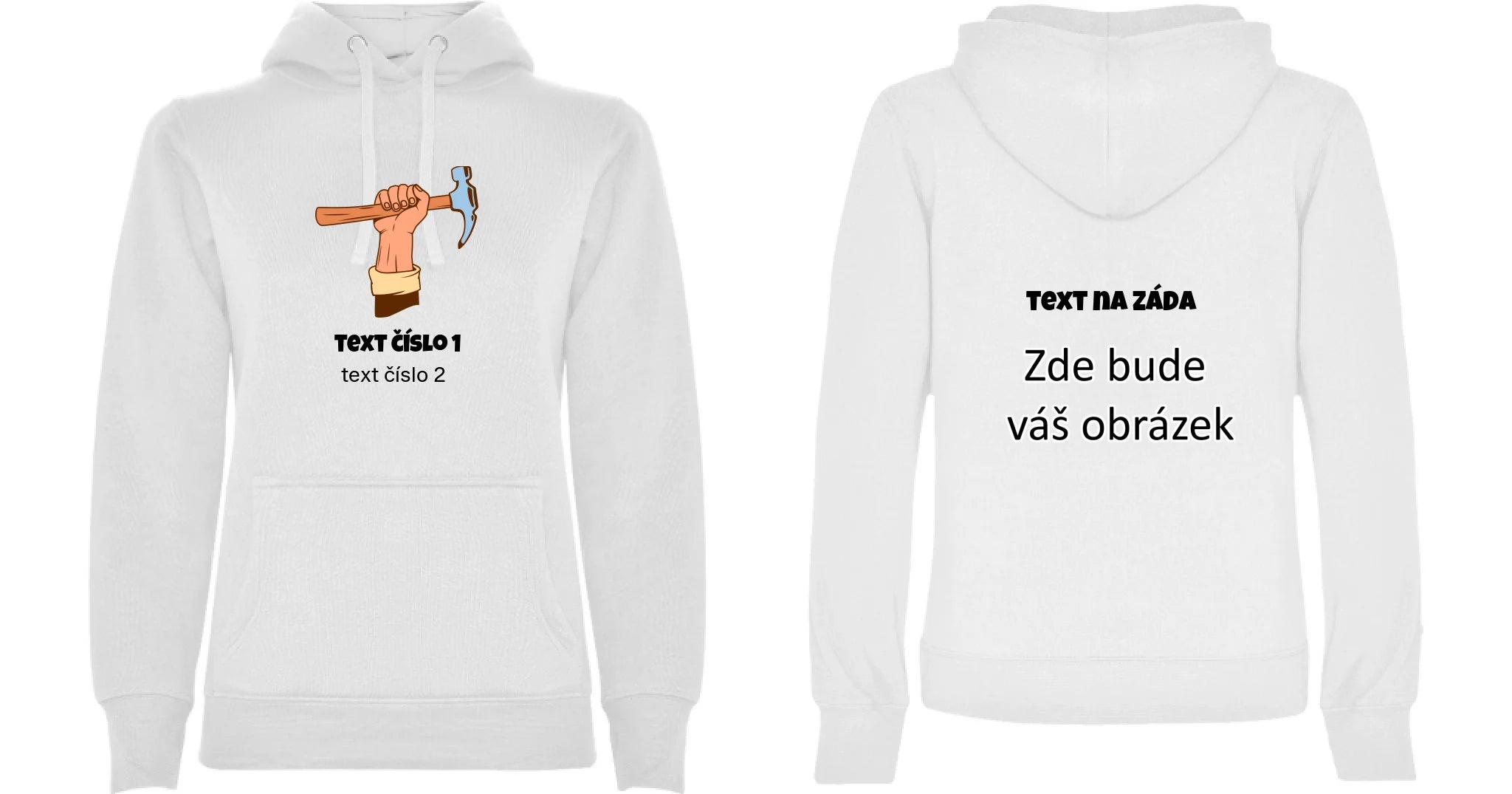 PRACOVNÍ VÝBĚR OBRÁZKU (10+motivů) a MOŽNOST DOPLNIT VLASTNÍ TEXTY dámská mikina s kapucí oboustranný potisk dámská mikina URBAN Bílá