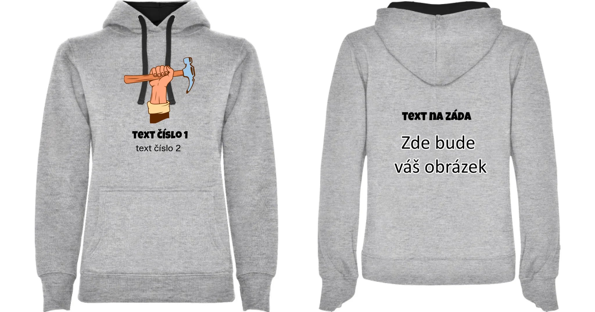 PRACOVNÍ VÝBĚR OBRÁZKU (10+motivů) a MOŽNOST DOPLNIT VLASTNÍ TEXTY dámská mikina s kapucí oboustranný potisk dámská mikina URBAN Melír černá