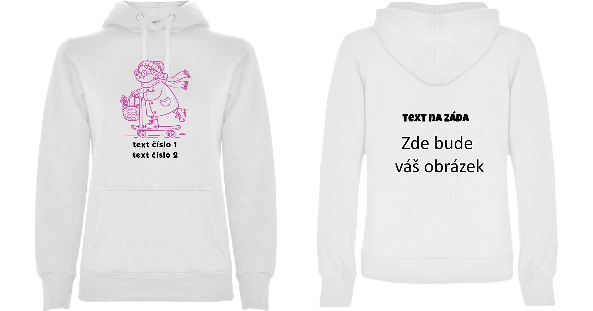 AKČNÍ BABIČKA VÝBĚR OBRÁZKU (10+motivů) a MOŽNOST DOPLNIT VLASTNÍ TEXTY dámská mikina s kapucí oboustranný potisk dámská mikina URBAN Bílá