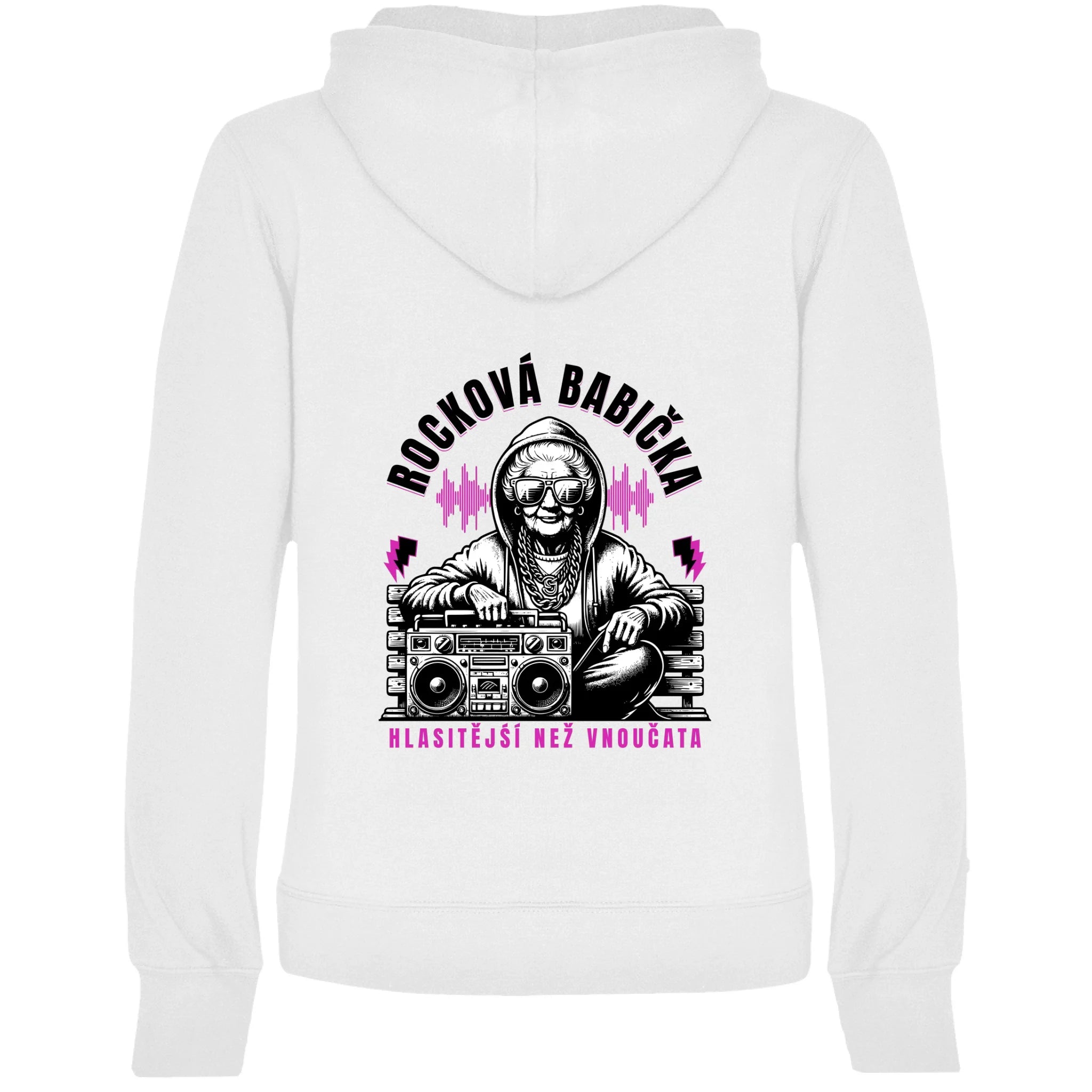 DÁMSKÁ MIKINA S KAPUCÍ s motivem ROCKOVÁ BABIČKA potisk jen na záda dámská mikina URBAN Bílá