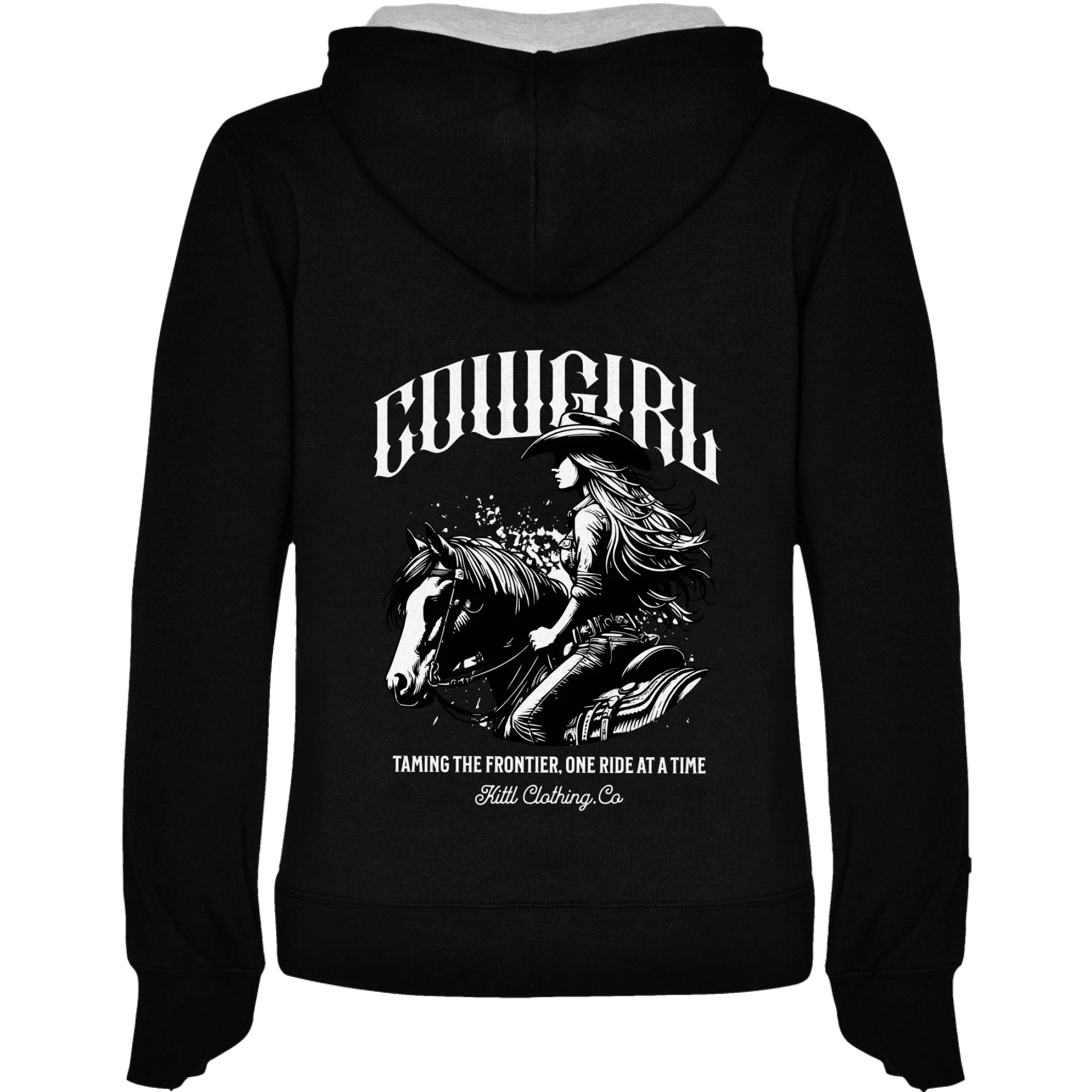DÁMSKÁ MIKINA S KAPUCÍ s motivem COWGIRL (5+ motivů) potisk jen na záda dámská mikina URBAN Černá melír