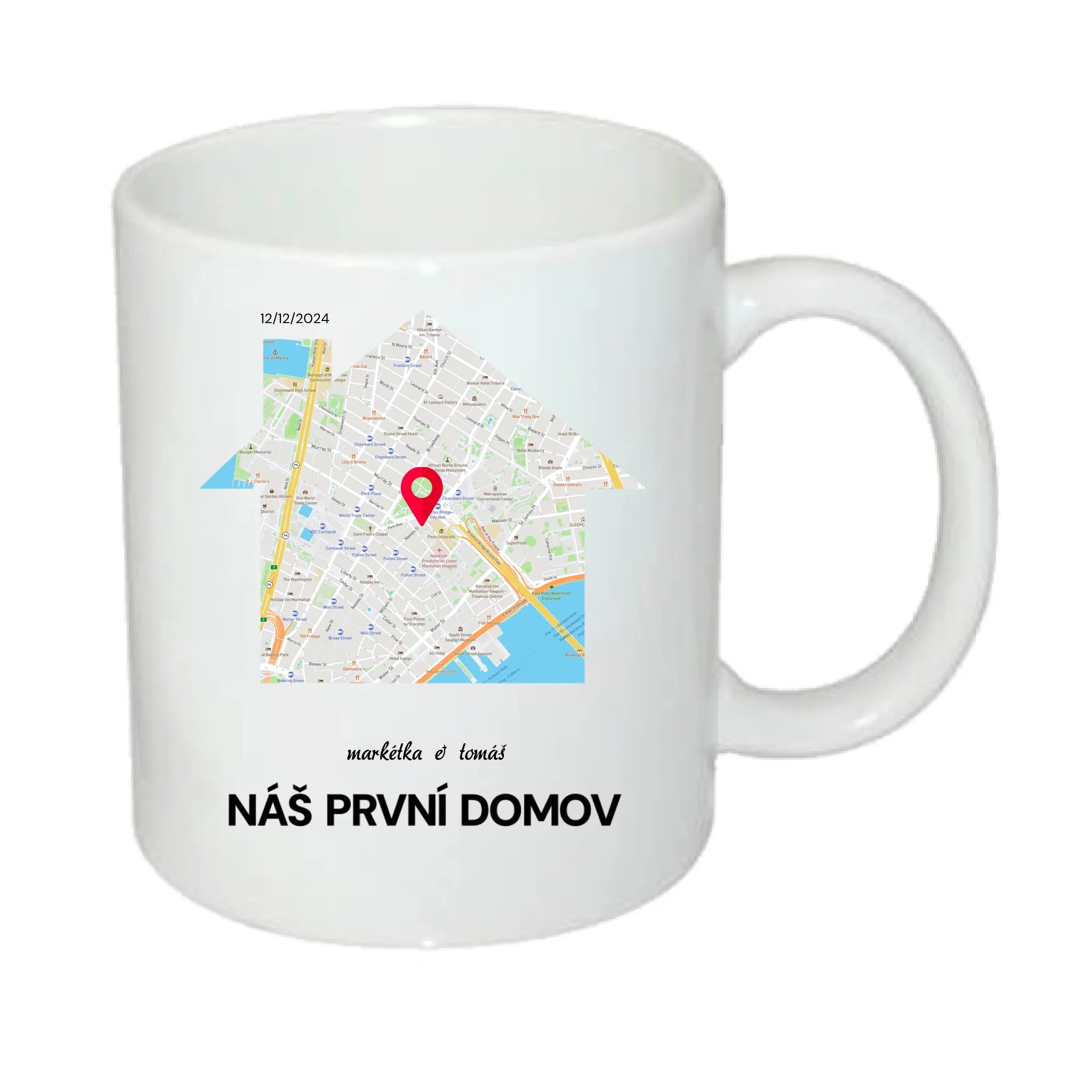 HRNÍČEK s motivem RODINA TADY TO ZAČALO (vyberete tvar mapy, místo, doplníte texty) potisk jen dopředu hrníček Bílý 330 ml