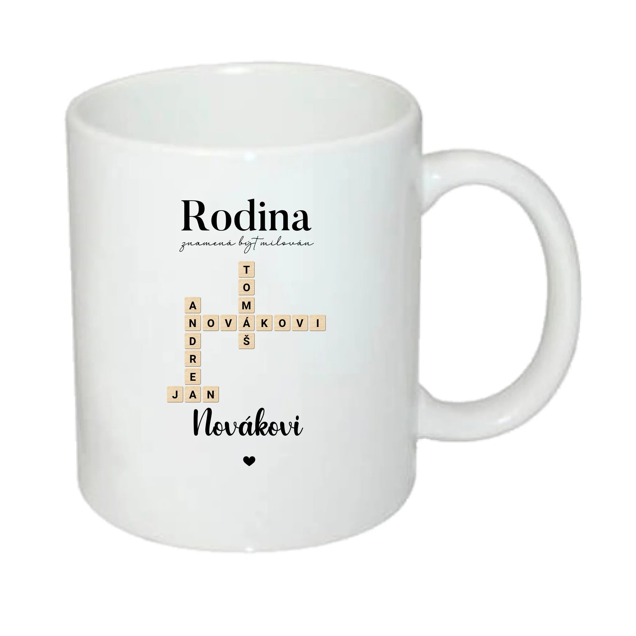 HRNÍČEK s motivem RODINA SCRABLE (vložíte jména, doplníte texty) potisk jen dopředu hrníček Bílý 330 ml