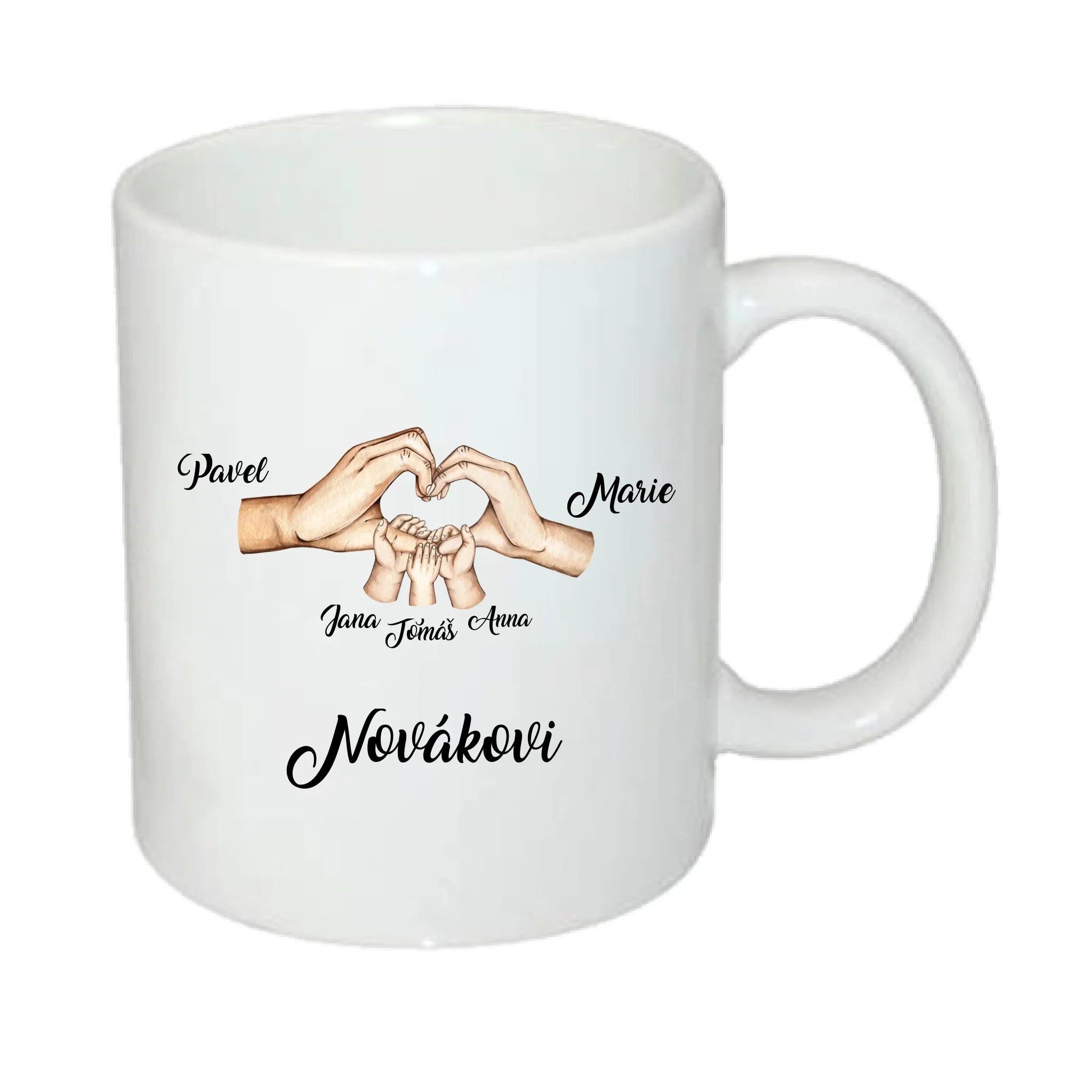 HRNÍČEK s motivem RODINA RUCE (vložíte jména) potisk jen dopředu hrníček Bílý 330 ml