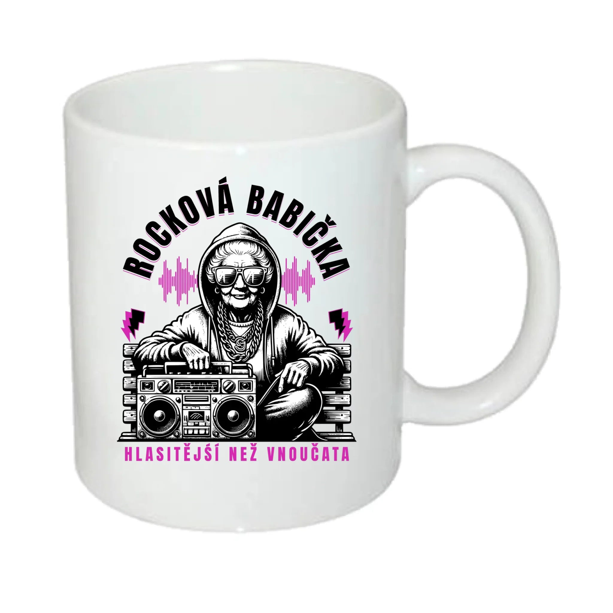 HRNÍČEK s motivem ROCKOVÁ BABIČKA potisk jen dopředu hrníček Bílý 330 ml