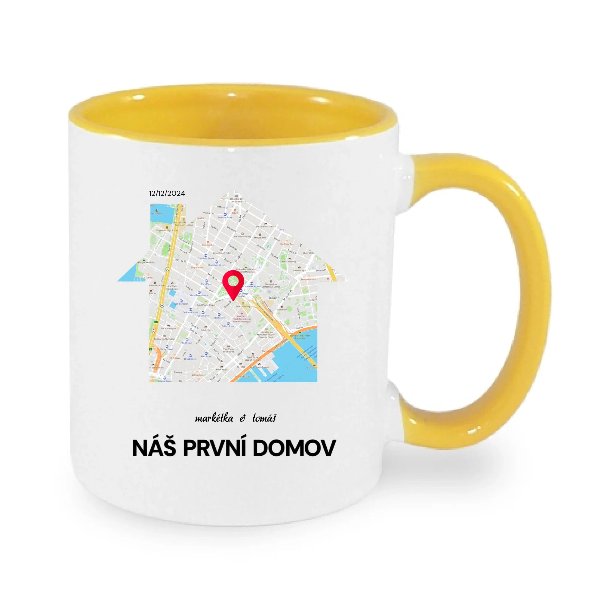 HRNÍČEK MAPA vyberte místo, generujte mapu, doplňte vlastní texty potisk jen dopředu hrníček Bílá žlutá 330 ml