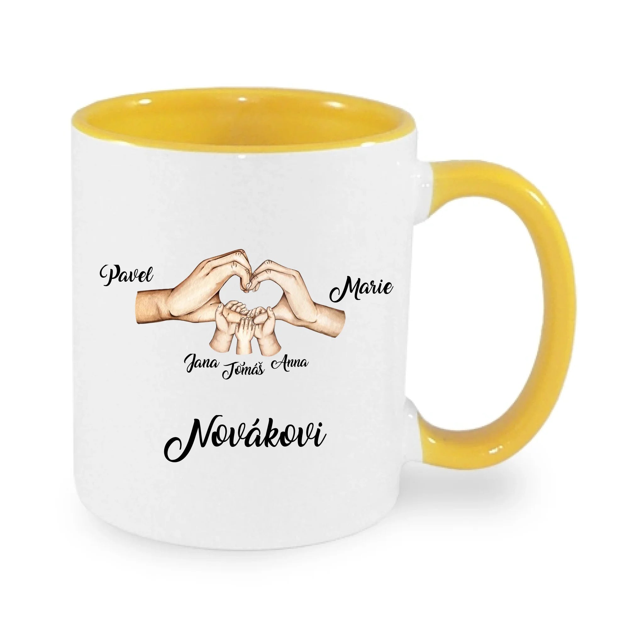 HRNÍČEK s motivem RODINA RUCE (vložíte jména) potisk jen dopředu hrníček Bílá žlutá 330 ml