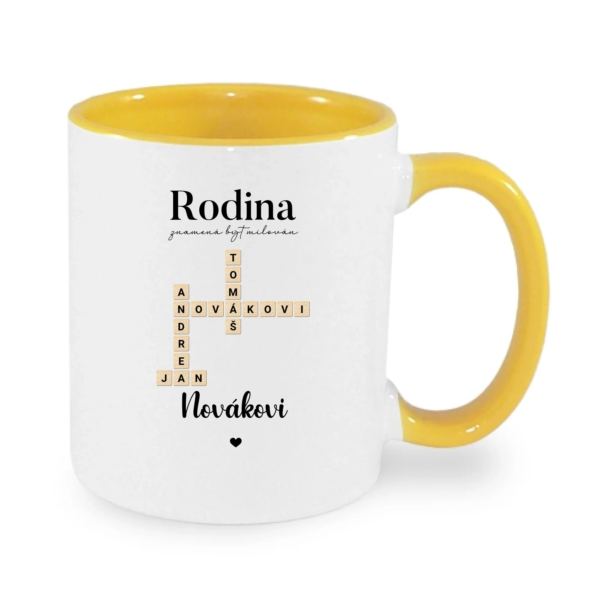 HRNÍČEK s motivem RODINA SCRABLE (vložíte jména, doplníte texty) potisk jen dopředu hrníček Bílá žlutá 330 ml